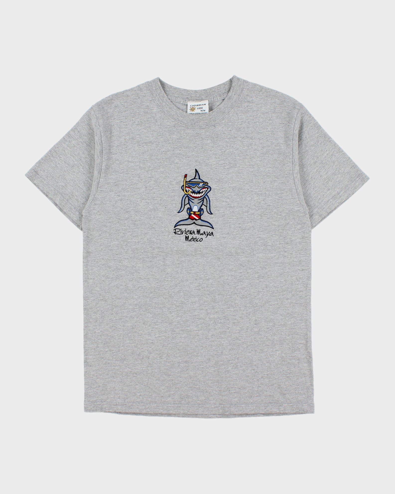 Vintage Y2K 00s Riviera Maya Mexico Marl Grey Heavyweight Embroidered Crewneck T-Shirt - M