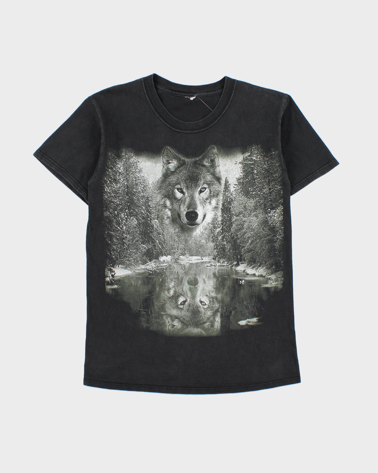 Vintage Y2K 00s Reflection Wolf Heavyweight Faded Black Crewneck T-Shirt - S