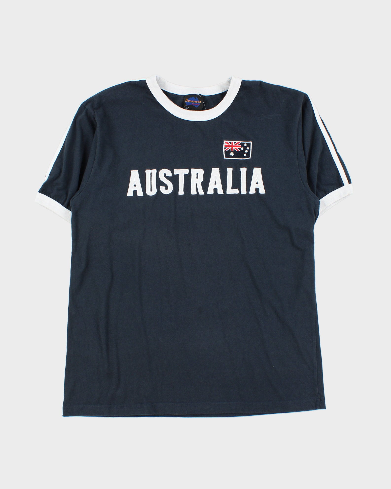 Vintage Y2K 00s Australia Navy Embroidered Striped Crewneck Ringer T-Shirt - L
