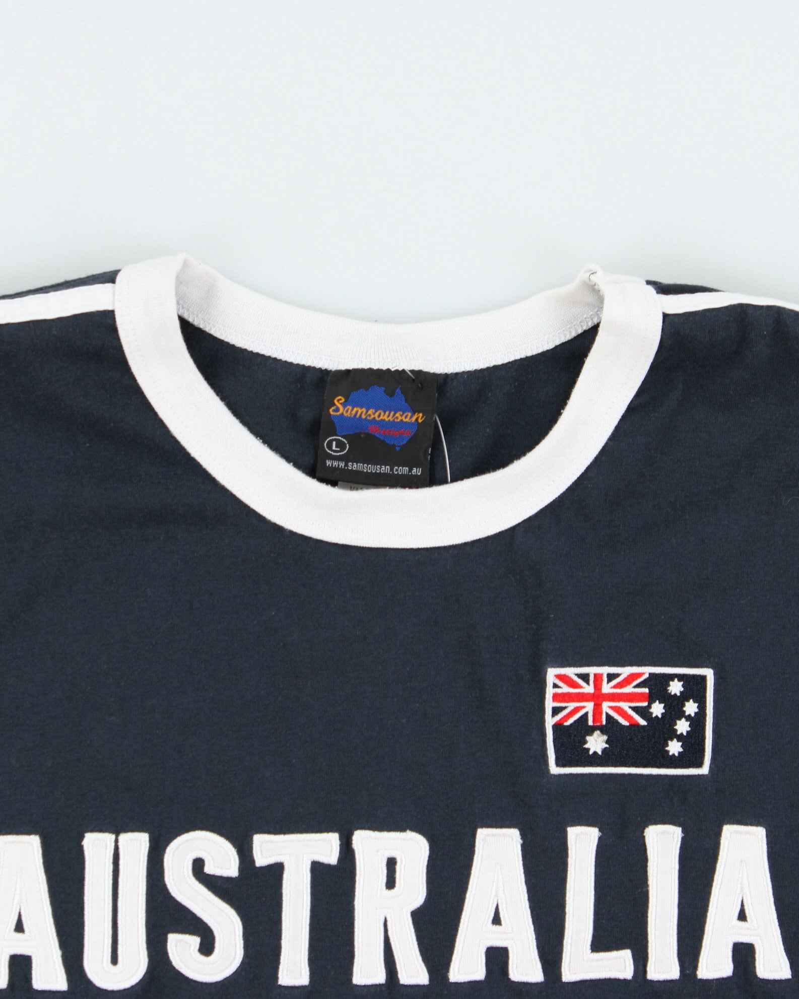 Vintage Y2K 00s Australia Navy Embroidered Striped Crewneck Ringer T-Shirt - L