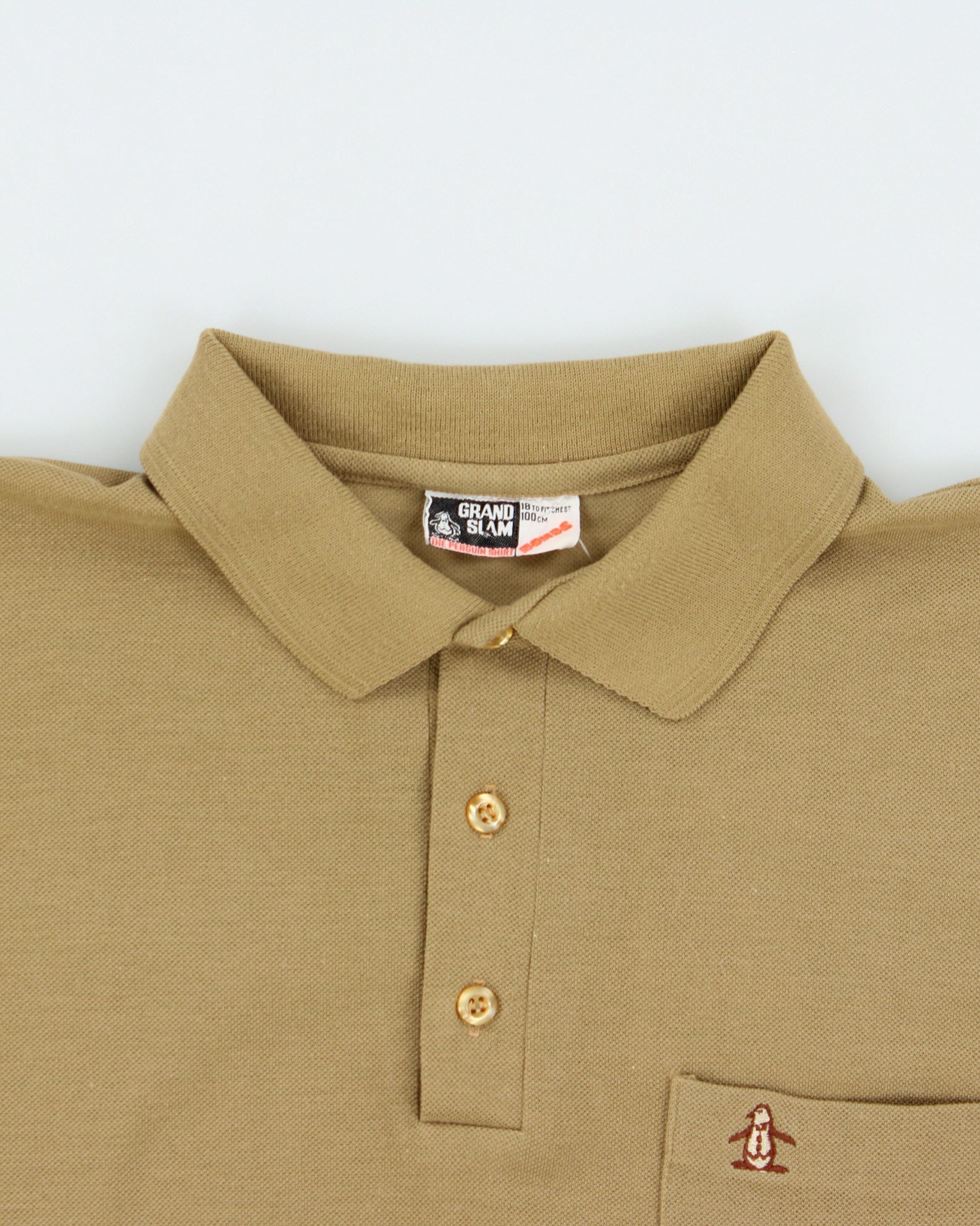 Vintage 1980s Munsingwear Grand Slam Penguin Khaki Single Stitch Made In Australia Short Sleeve Polo Shirt - M