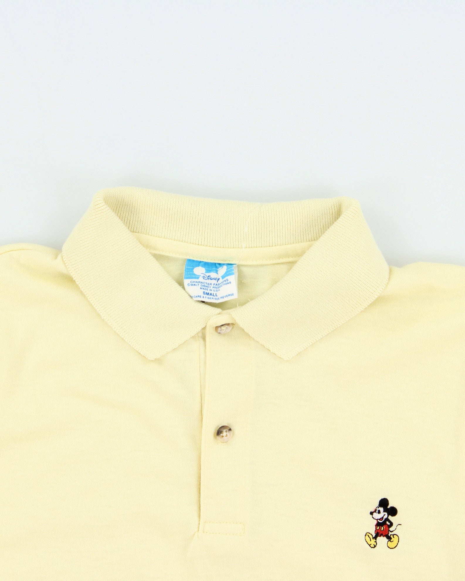 Vintage 1982 Disney Pale Yellow Embroidered Mickey Single Stitch Made In USA Short Sleeve Polo Shirt - S
