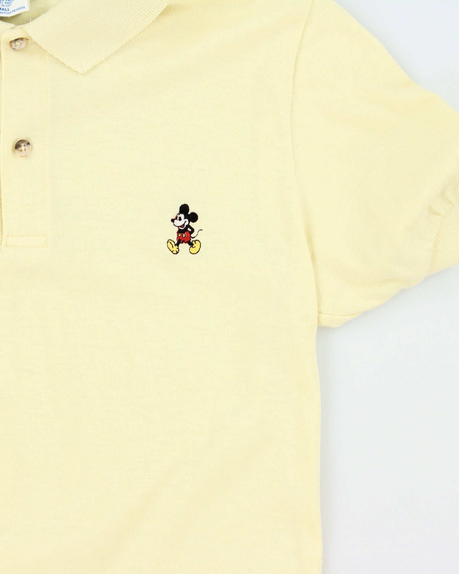 Vintage 1982 Disney Pale Yellow Embroidered Mickey Single Stitch Made In USA Short Sleeve Polo Shirt - S