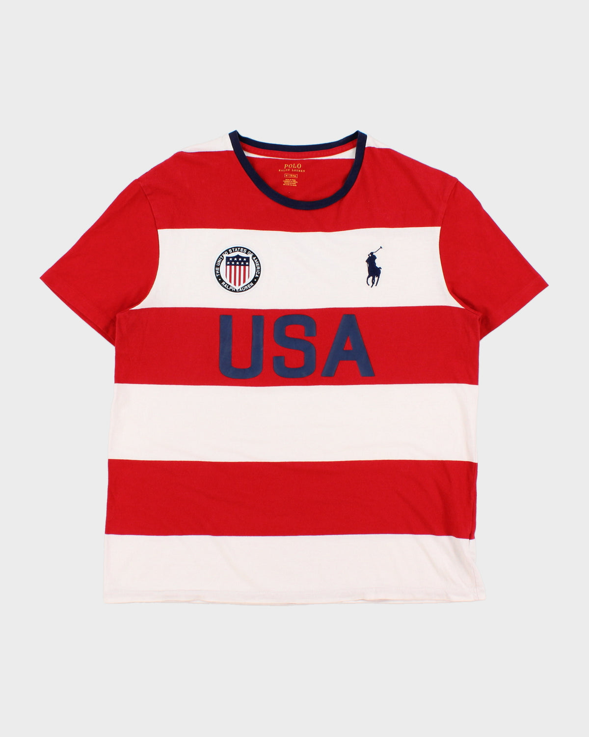 Vintage Polo Ralph Lauren Big Pony USA Crest Striped Single Stitch Crewneck T-Shirt - M