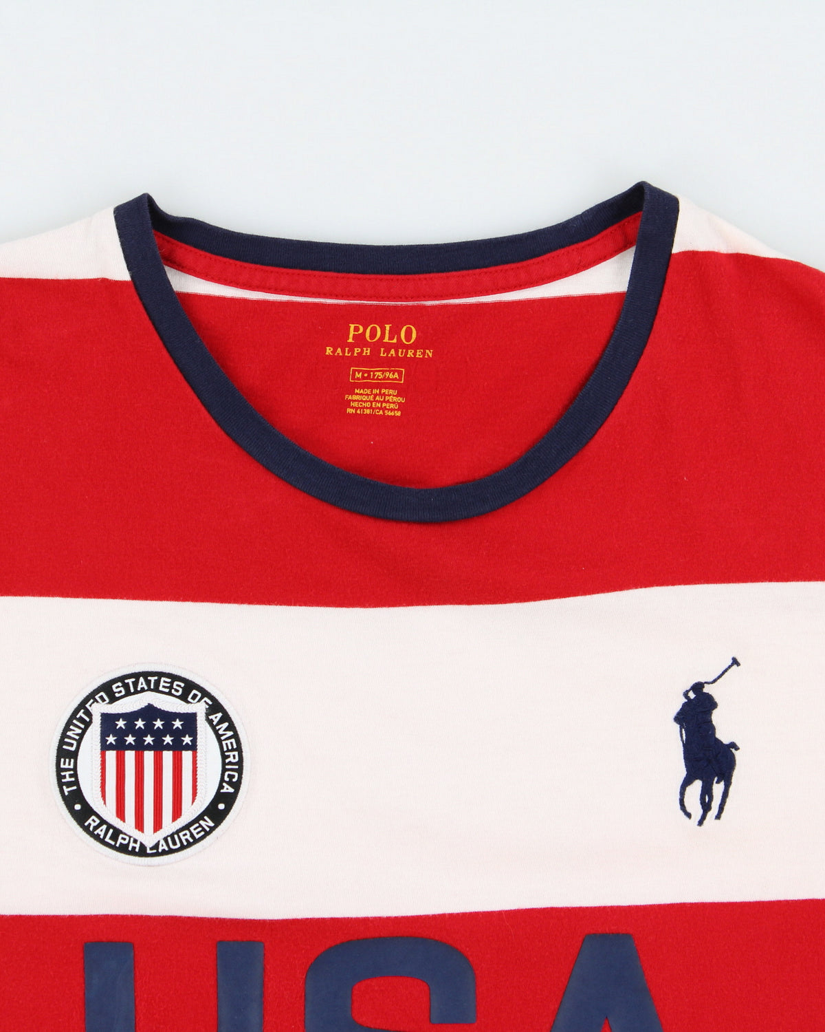 Vintage Polo Ralph Lauren Big Pony USA Crest Striped Single Stitch Crewneck T-Shirt - M