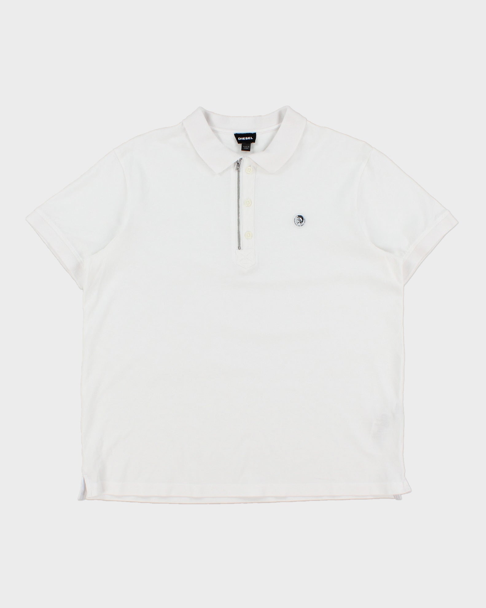 Vintage Diesel White Embroidered Classic Crest Short Sleeve Zip Polo Shirt - L