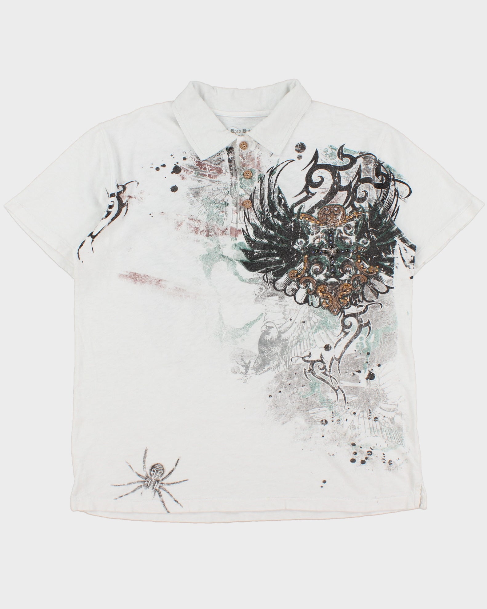 Vintage Y2K 00s Brad Butter Embellished Graphic Single Stitch Short Sleeve Combed Cotton Polo Shirt - XL
