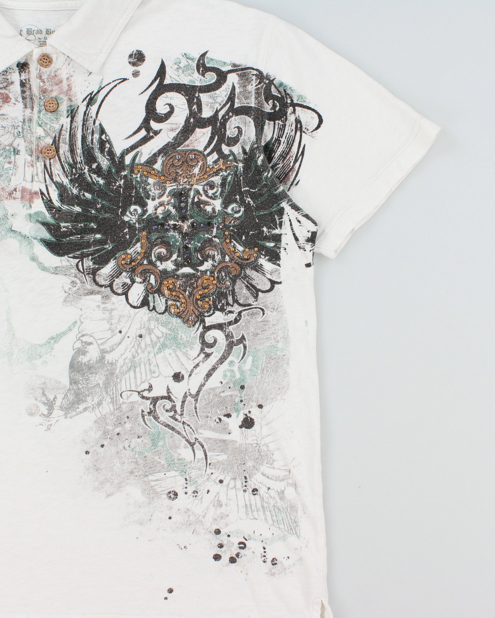 Vintage Y2K 00s Brad Butter Embellished Graphic Single Stitch Short Sleeve Combed Cotton Polo Shirt - XL