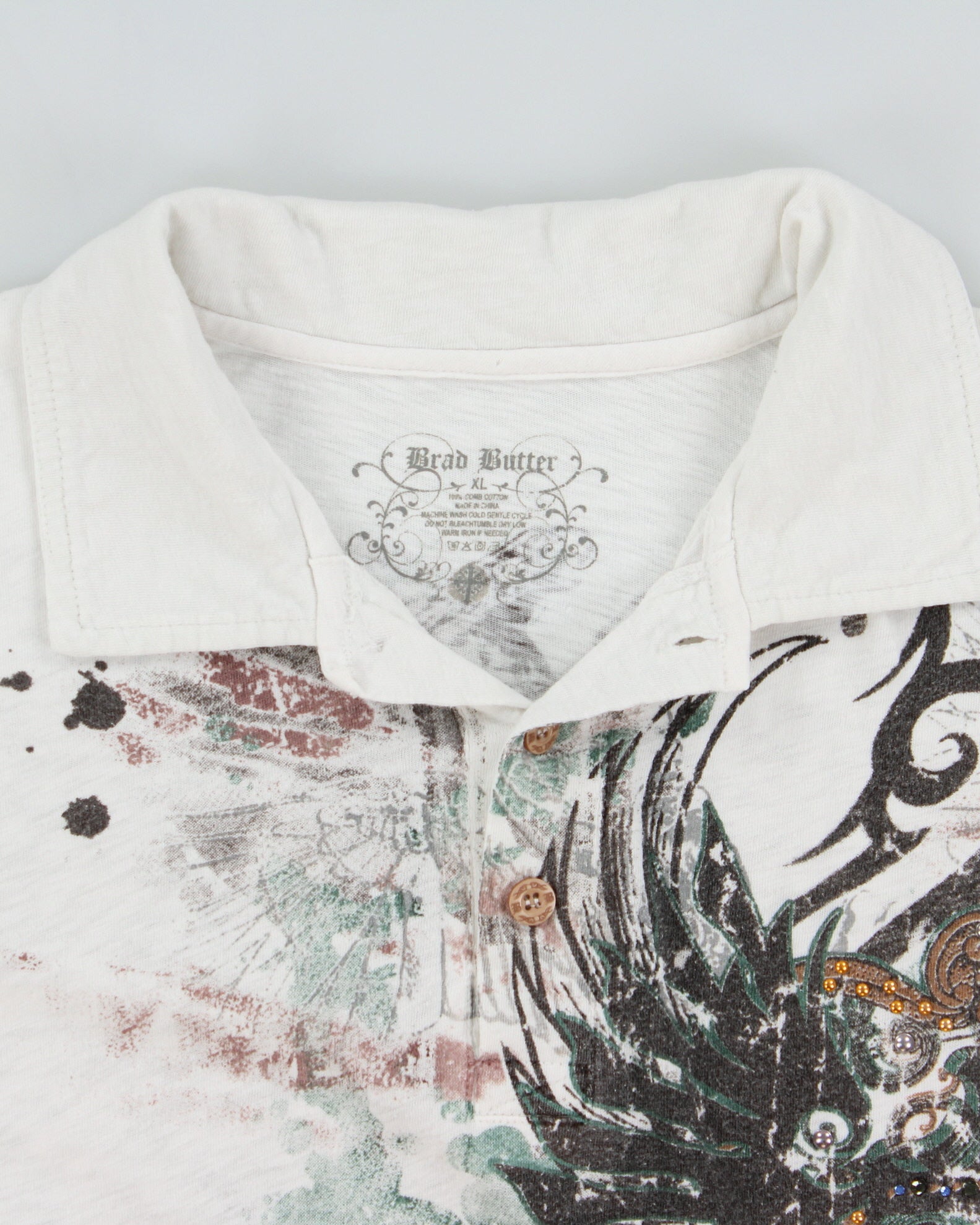 Vintage Y2K 00s Brad Butter Embellished Graphic Single Stitch Short Sleeve Combed Cotton Polo Shirt - XL