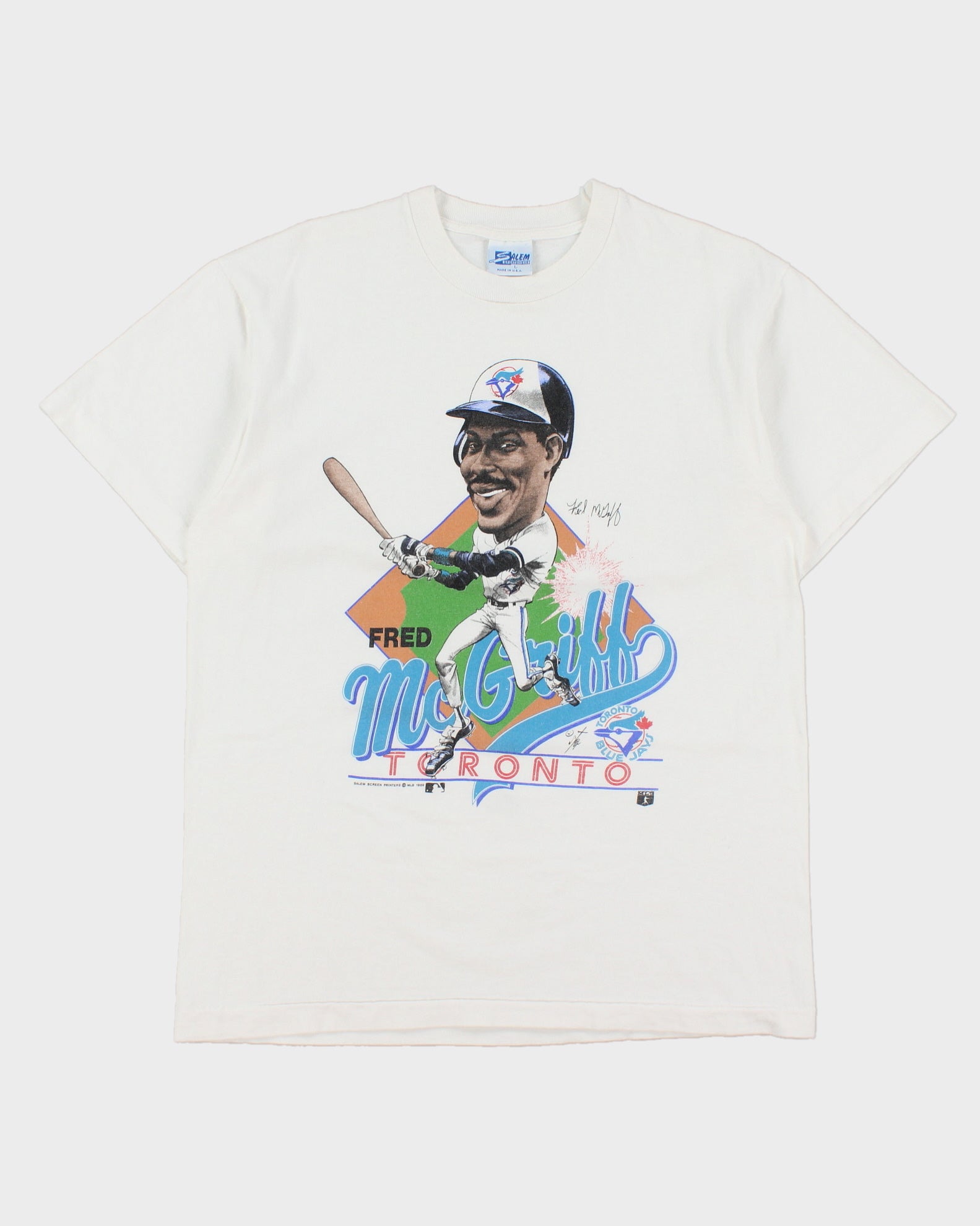 Vintage 1989 Fred McGriff Toronto Blue Jays Heavyweight Salem Single Stitch Made In USA MLB Crewneck T-Shirt - L