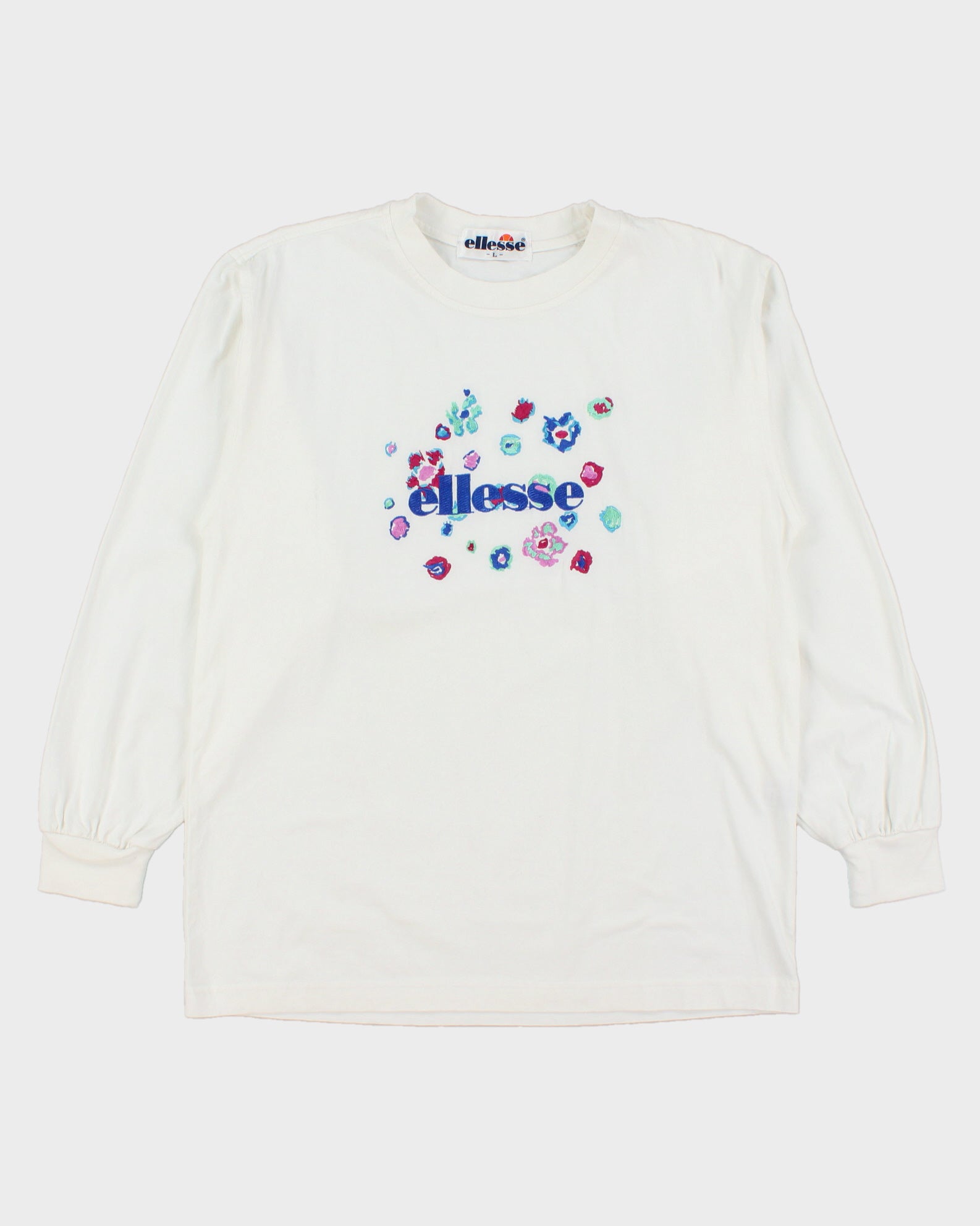 Vintage 1990s Ellesse Heavyweight Floral Embroidered Made In Japan Long Sleeve Crewneck T-Shirt - L