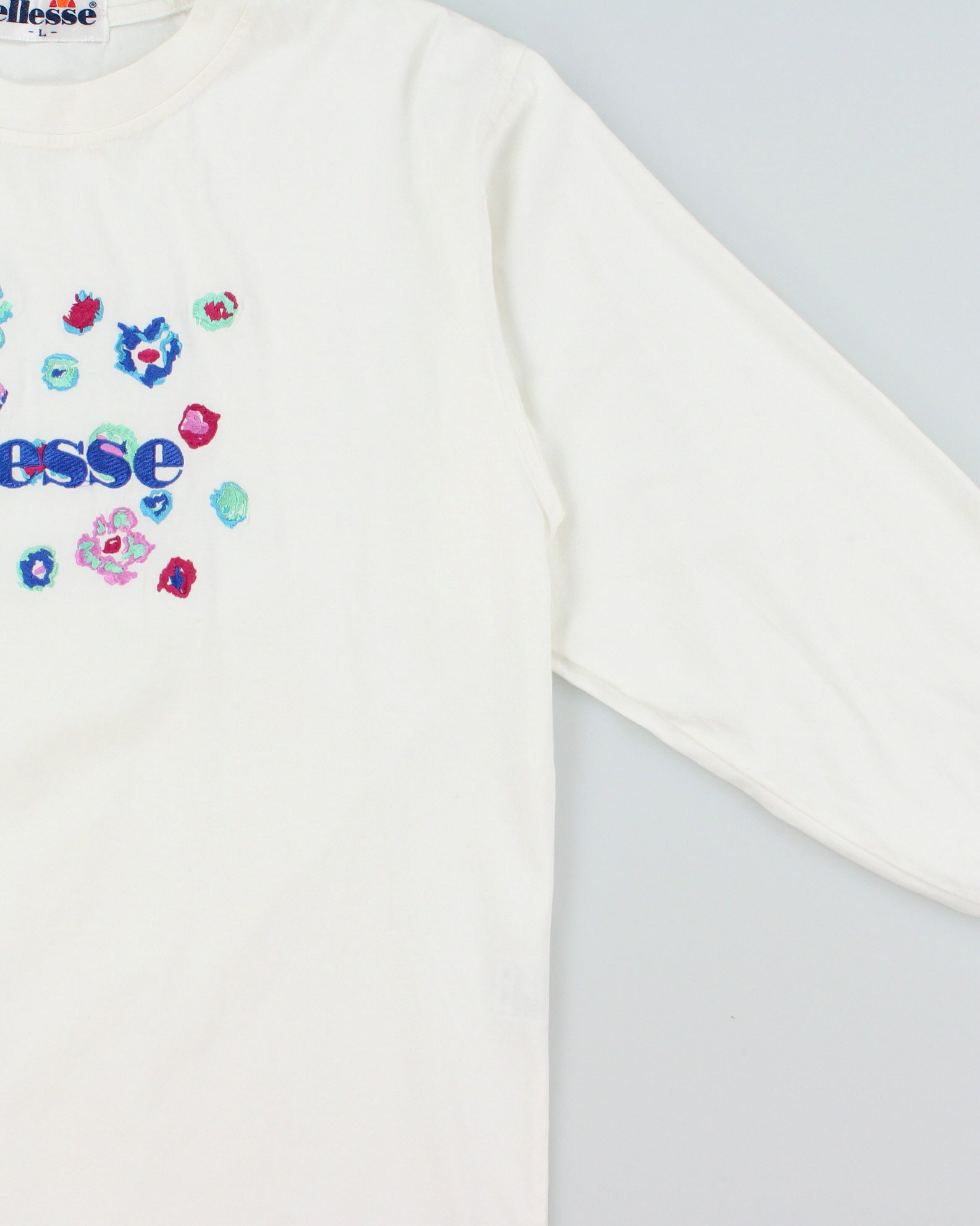 Vintage 1990s Ellesse Heavyweight Floral Embroidered Made In Japan Long Sleeve Crewneck T-Shirt - L