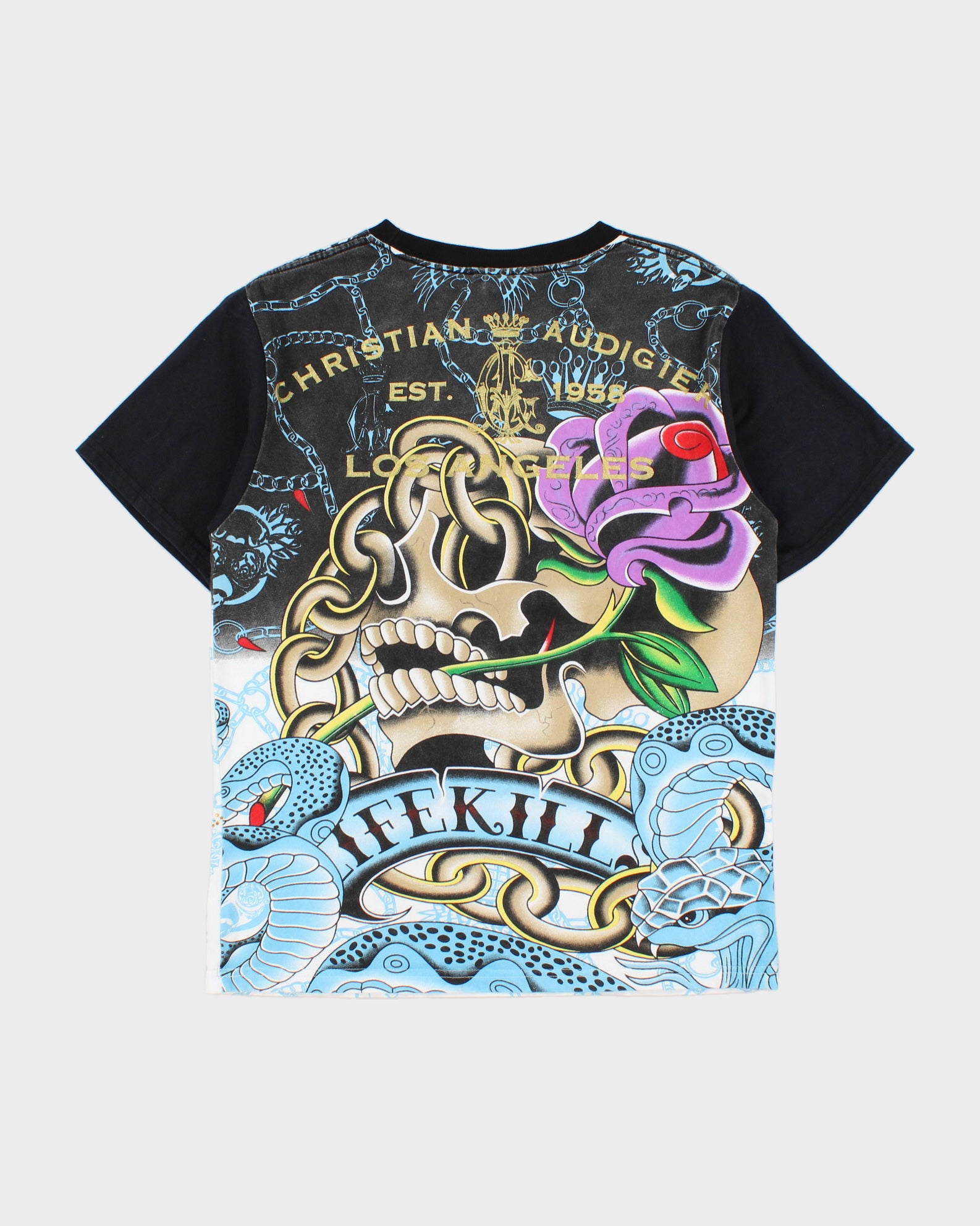 Vintage Y2K 00s Christian Audigier Diamante Embellished AOP Made In USA Crewneck T-Shirt - M
