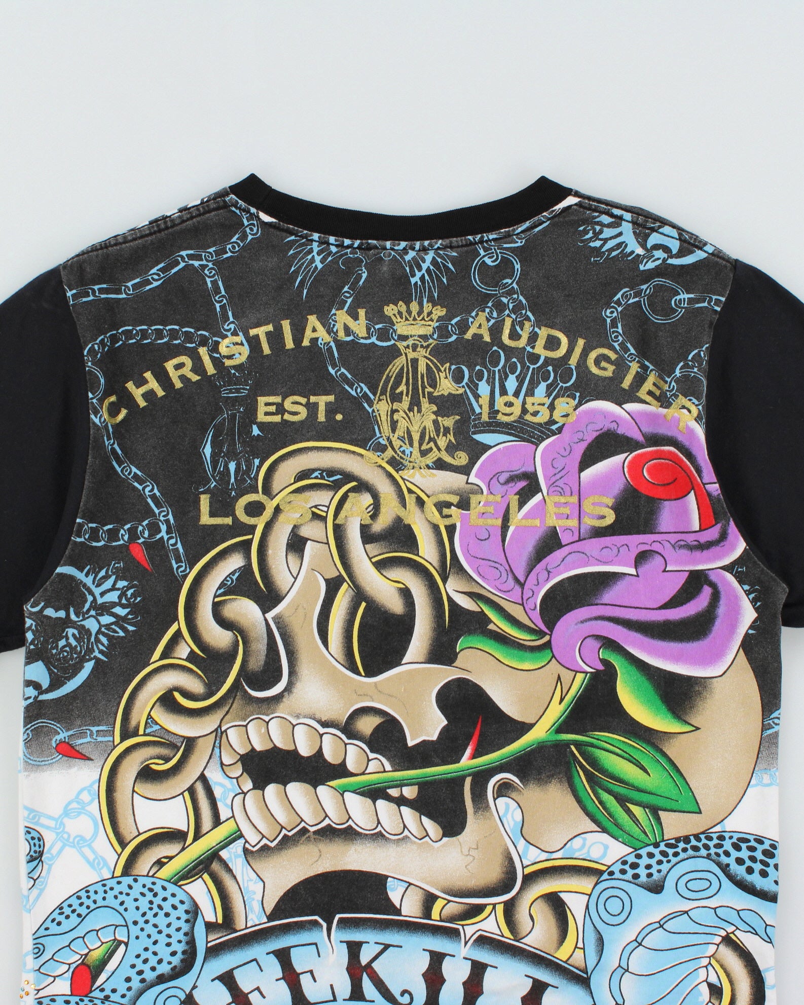 Vintage Y2K 00s Christian Audigier Diamante Embellished AOP Made In USA Crewneck T-Shirt - M