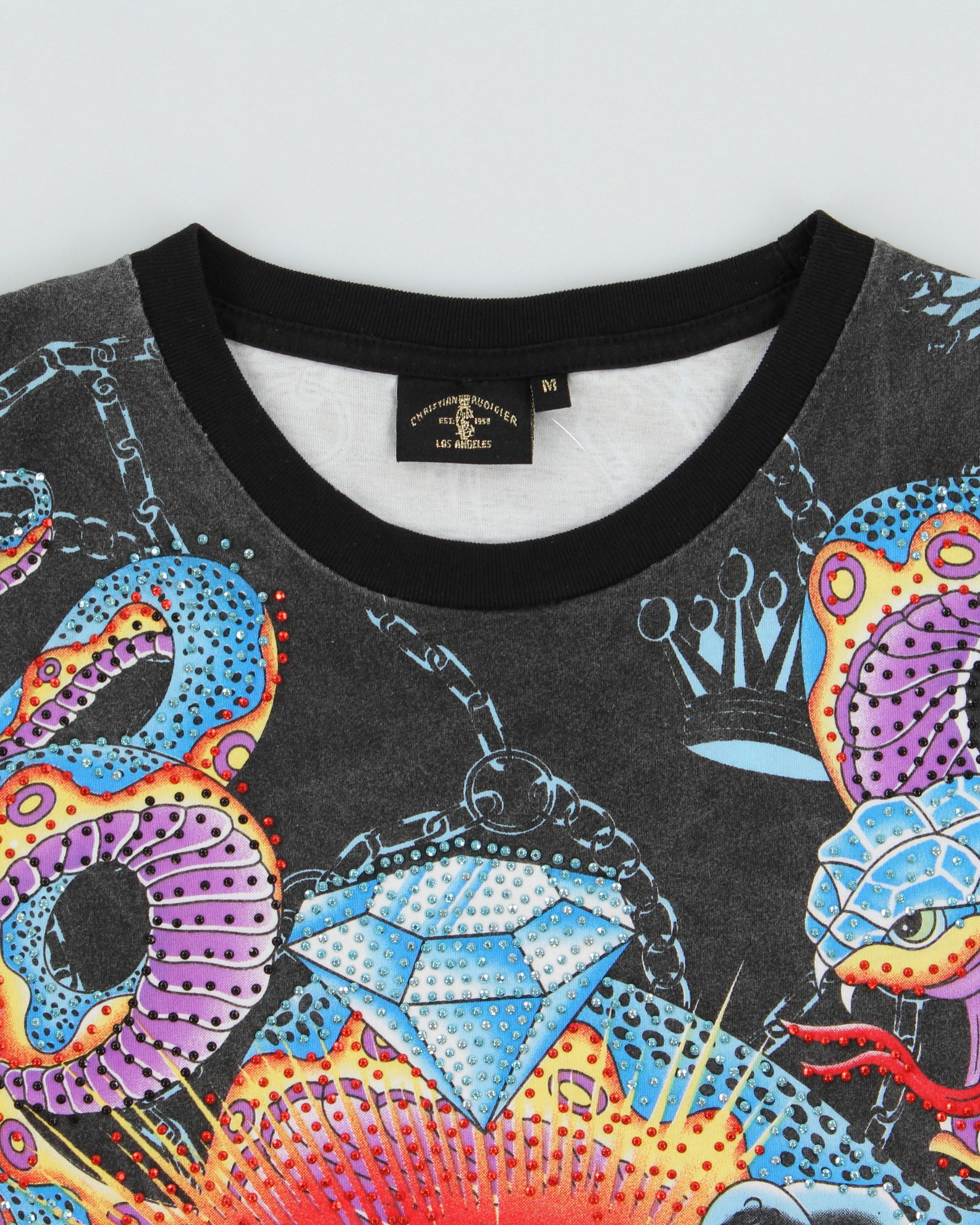 Vintage Y2K 00s Christian Audigier Diamante Embellished AOP Made In USA Crewneck T-Shirt - M