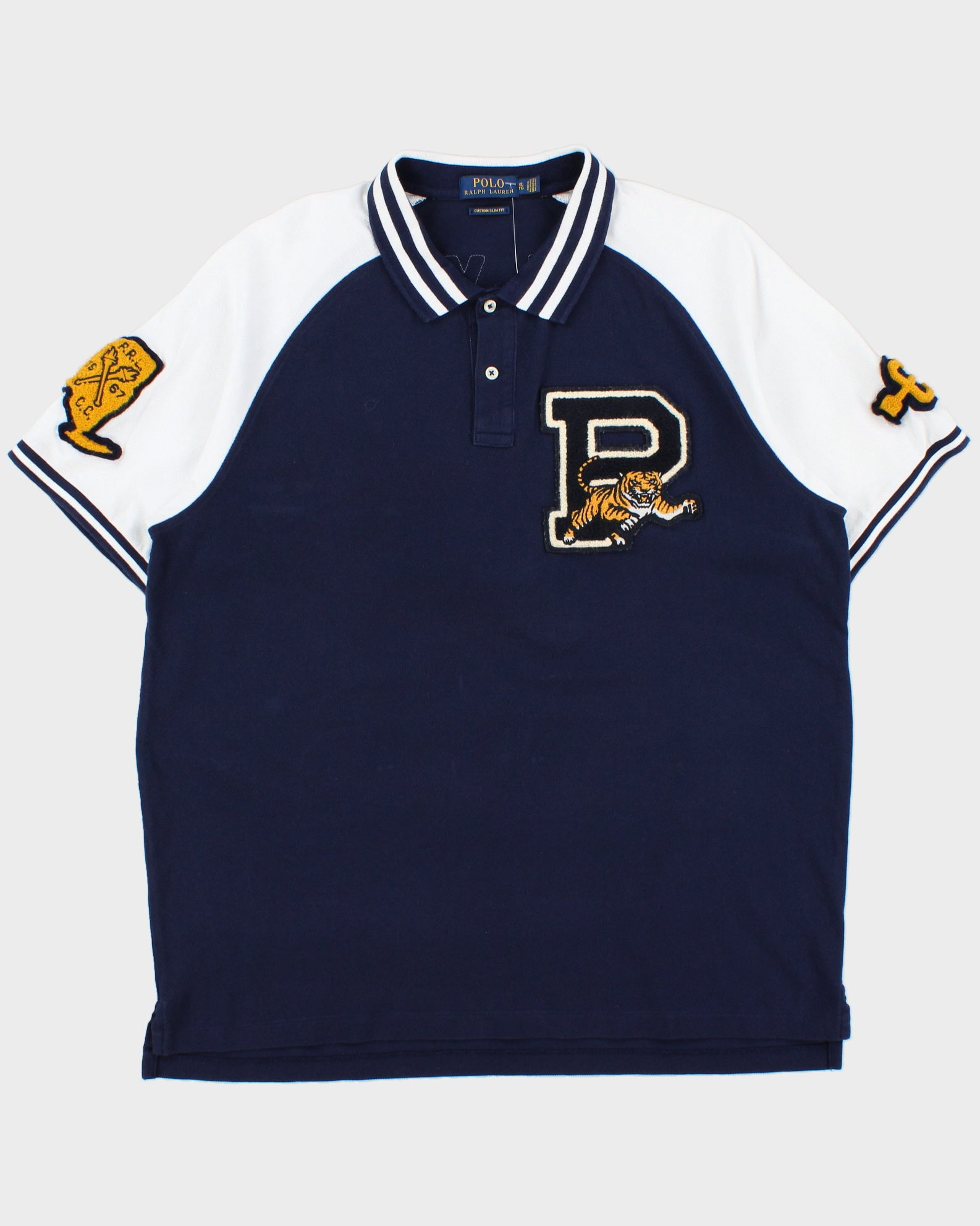 Vintage Polo Ralph Lauren P Wing Tiger N.Y State Champs Varsity Patch Custom Slim Fit Short Sleeve Polo Shirt - XL