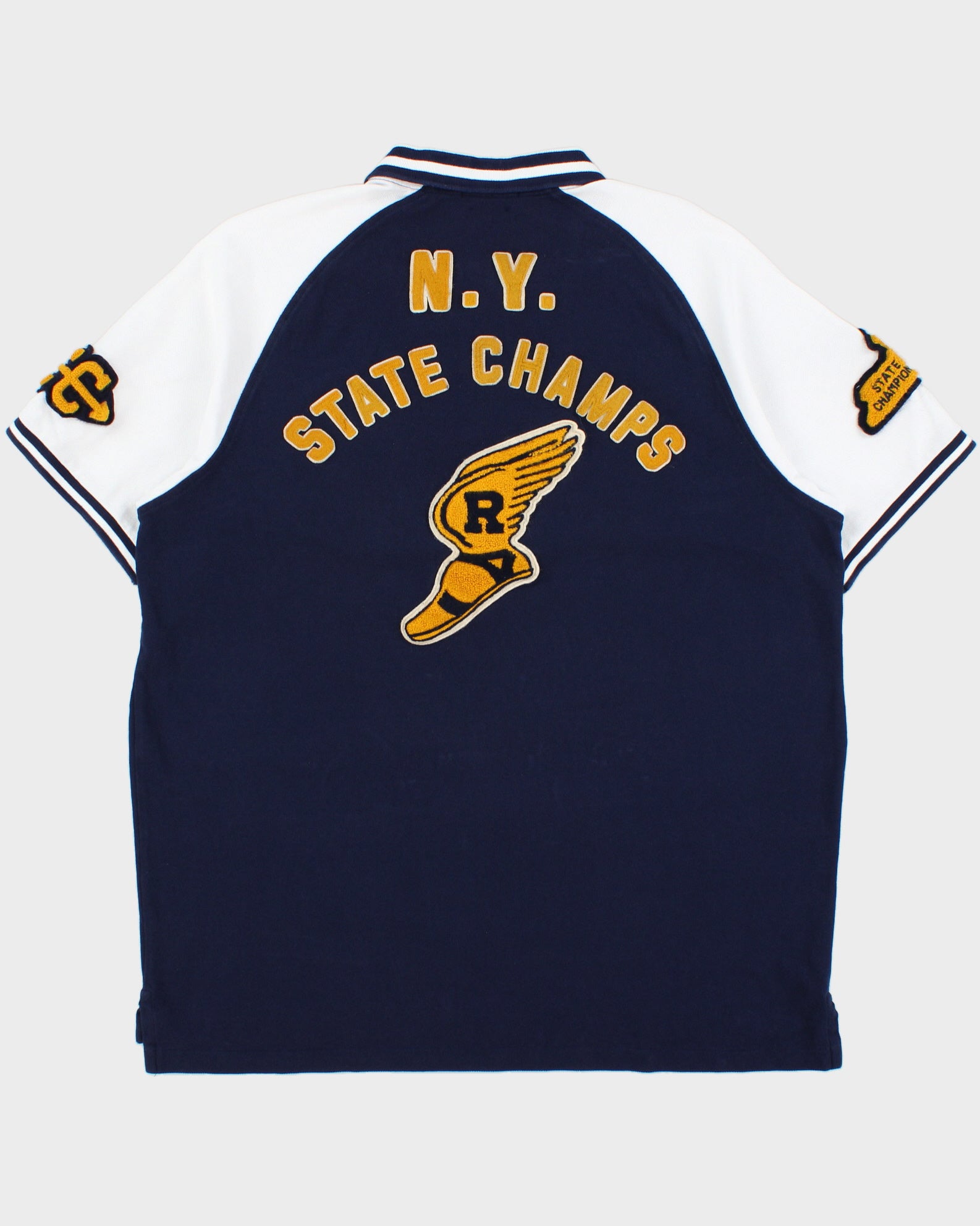 Vintage Polo Ralph Lauren P Wing Tiger N.Y State Champs Varsity Patch Custom Slim Fit Short Sleeve Polo Shirt - XL