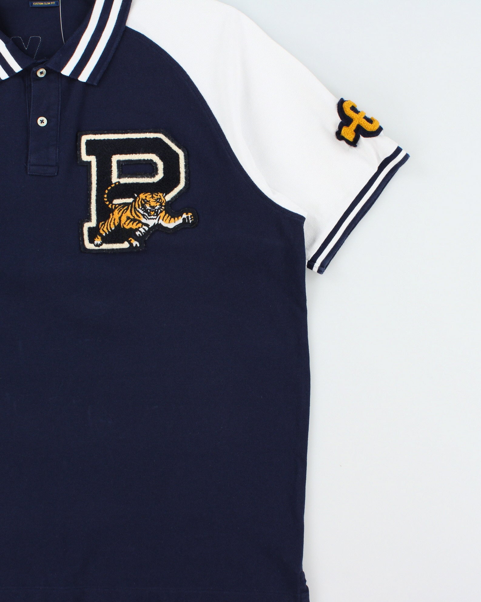 Vintage Polo Ralph Lauren P Wing Tiger N.Y State Champs Varsity Patch Custom Slim Fit Short Sleeve Polo Shirt - XL
