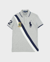 Vintage Polo Ralph Lauren Grey Marl Big Pony Crest Striped Custom Slim Fit Short Sleeve Polo Shirt - S