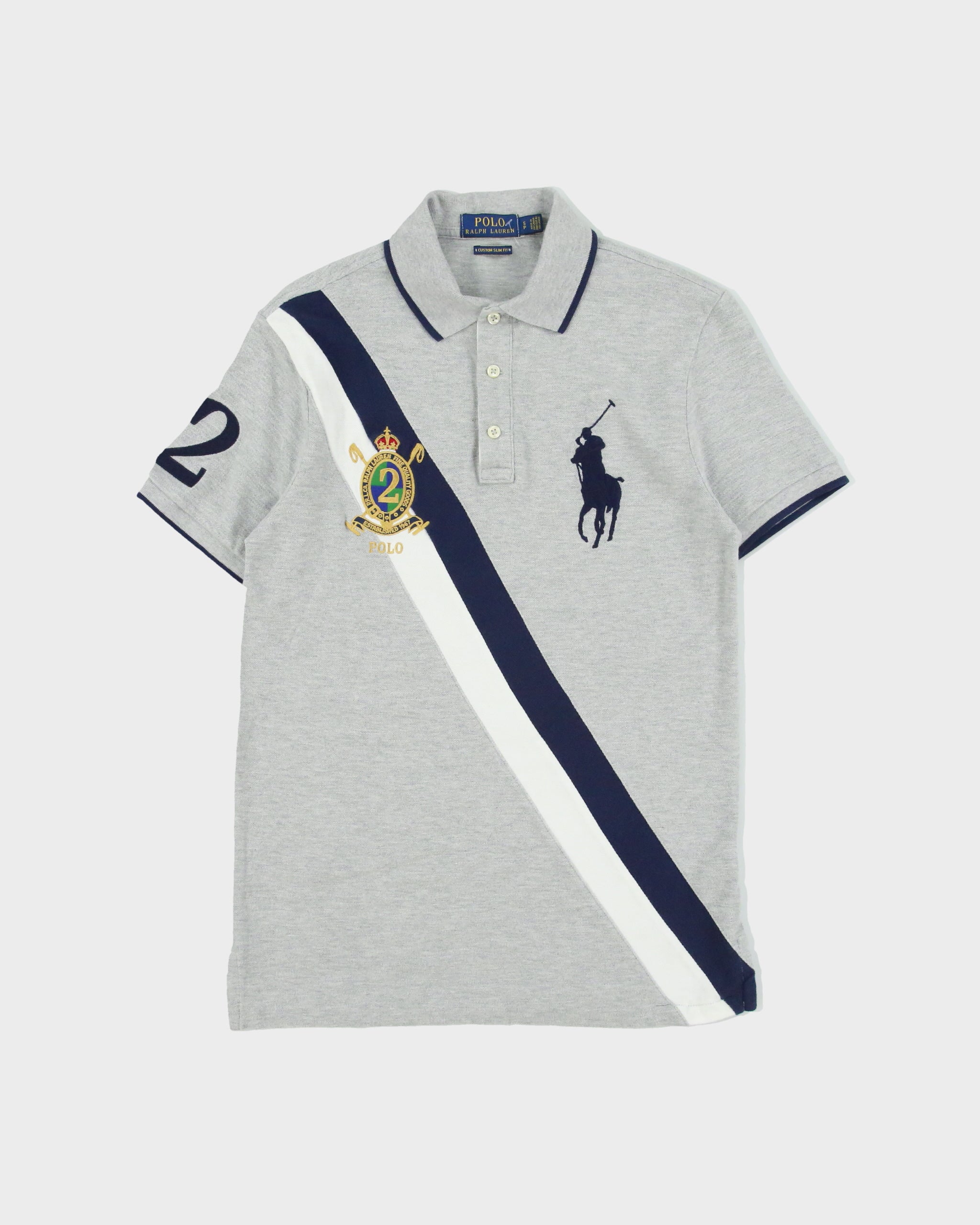 Vintage Polo Ralph Lauren Grey Marl Big Pony Crest Striped Custom Slim Fit Short Sleeve Polo Shirt - S