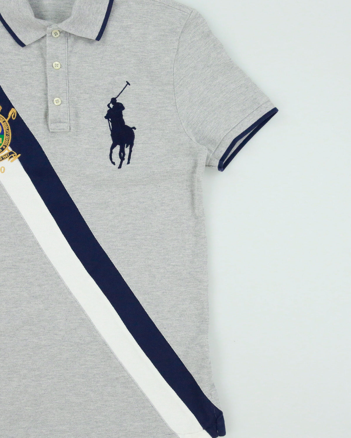 Vintage Polo Ralph Lauren Grey Marl Big Pony Crest Striped Custom Slim Fit Short Sleeve Polo Shirt - S