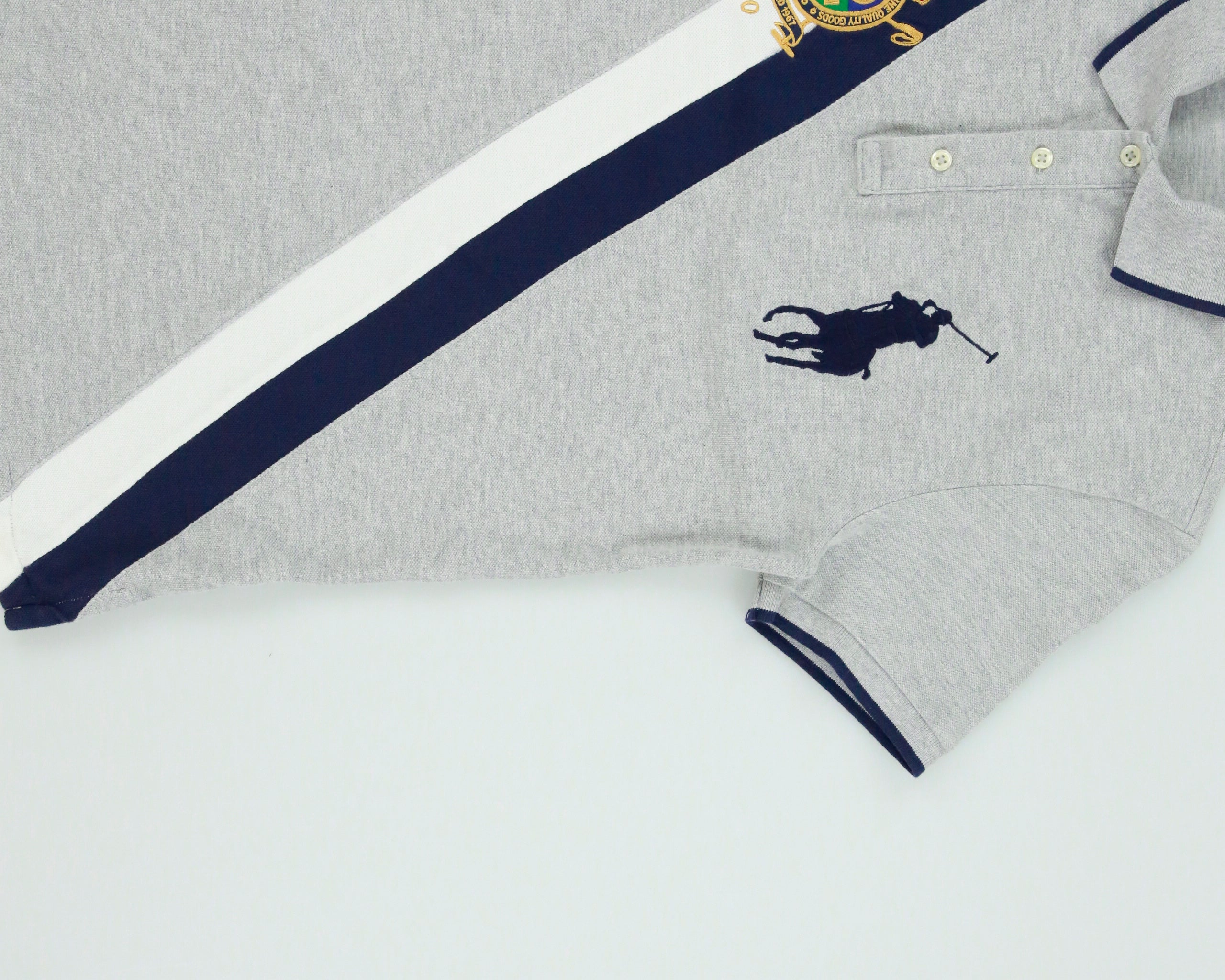 Vintage Polo Ralph Lauren Grey Marl Big Pony Crest Striped Custom Slim Fit Short Sleeve Polo Shirt - S