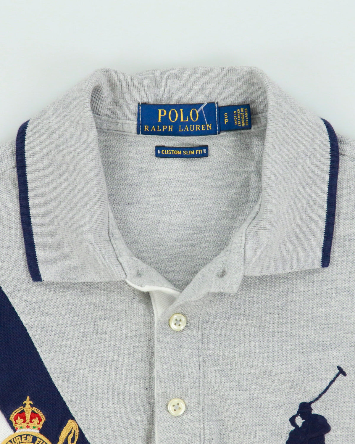 Vintage Polo Ralph Lauren Grey Marl Big Pony Crest Striped Custom Slim Fit Short Sleeve Polo Shirt - S
