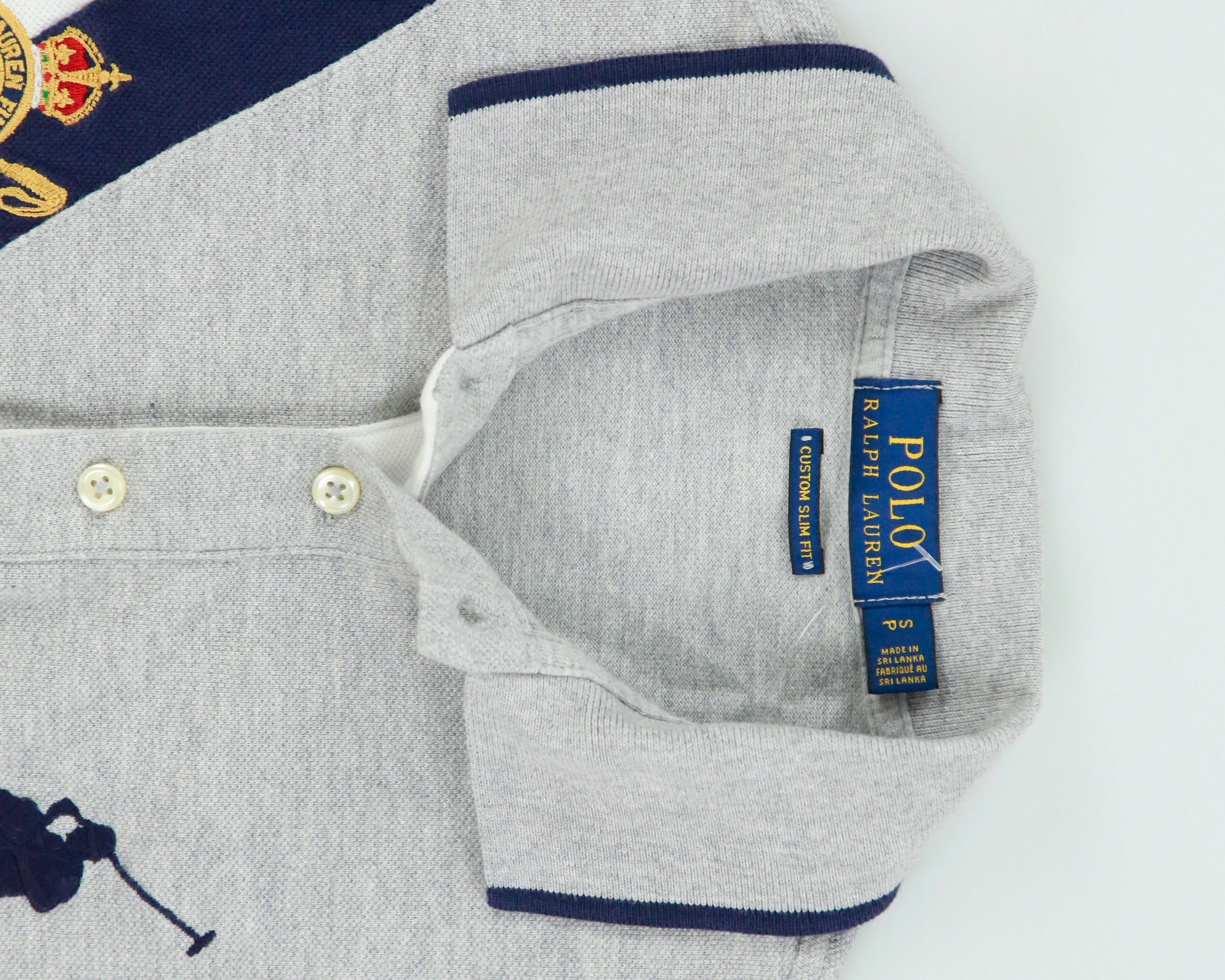 Vintage Polo Ralph Lauren Grey Marl Big Pony Crest Striped Custom Slim Fit Short Sleeve Polo Shirt - S