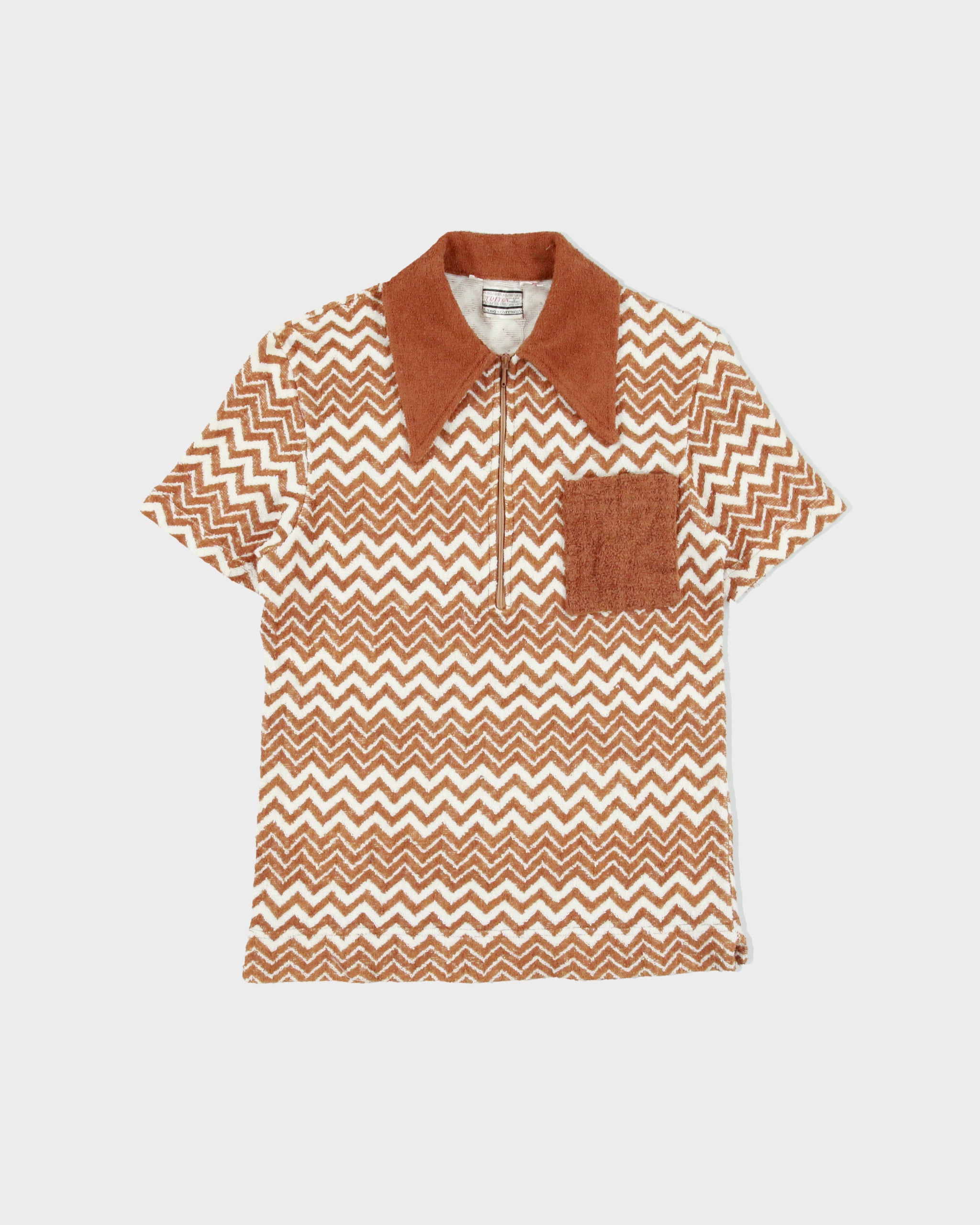 Vintage 1970s Triton California Zig Zag Towel-Knit Short Sleeve Zip Polo Shirt - S