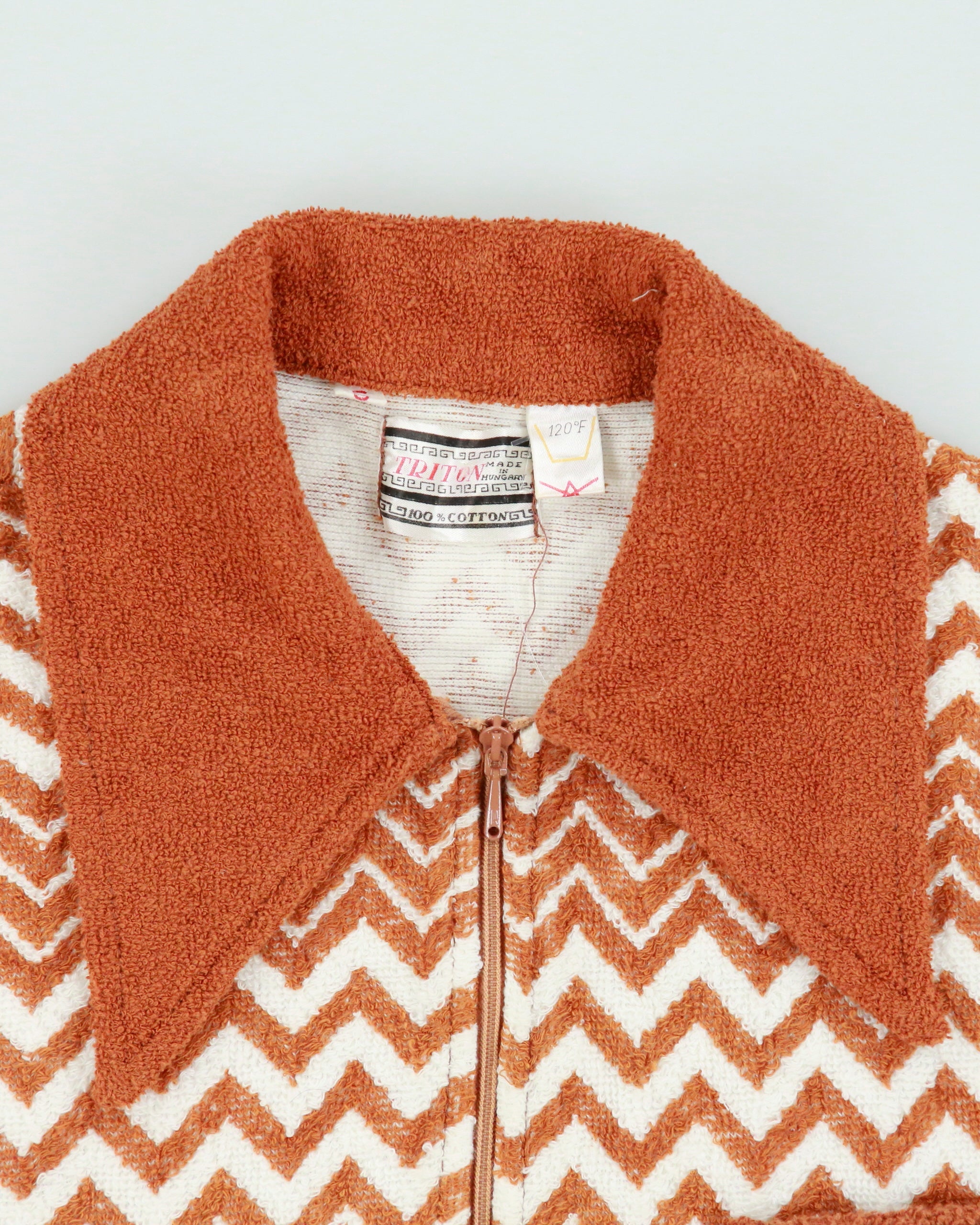 Vintage 1970s Triton California Zig Zag Towel-Knit Short Sleeve Zip Polo Shirt - S