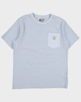Vintage Carhartt Baby Blue Heavyweight Striped Relaxed Fit Crewneck Pocket T-Shirt - M