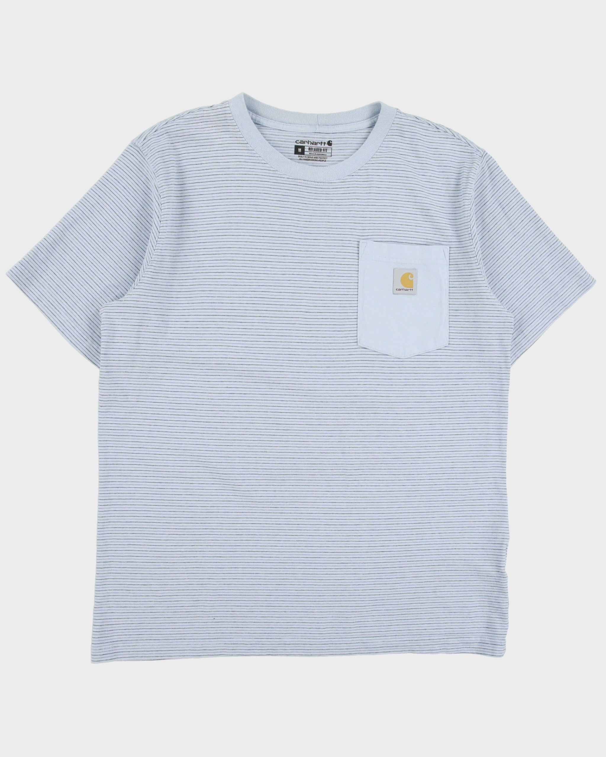Vintage Carhartt Baby Blue Heavyweight Striped Relaxed Fit Crewneck Pocket T-Shirt - M