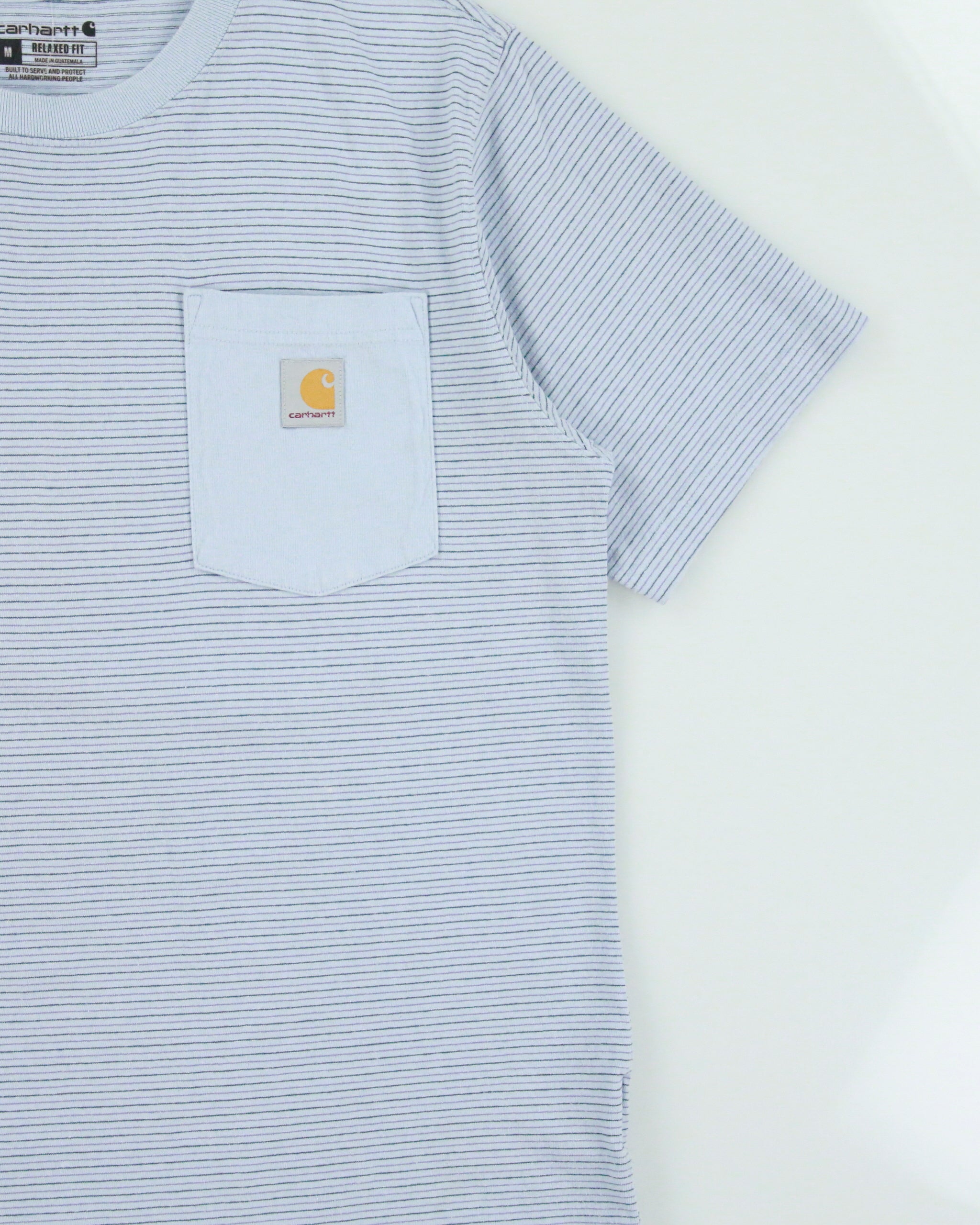 Vintage Carhartt Baby Blue Heavyweight Striped Relaxed Fit Crewneck Pocket T-Shirt - M