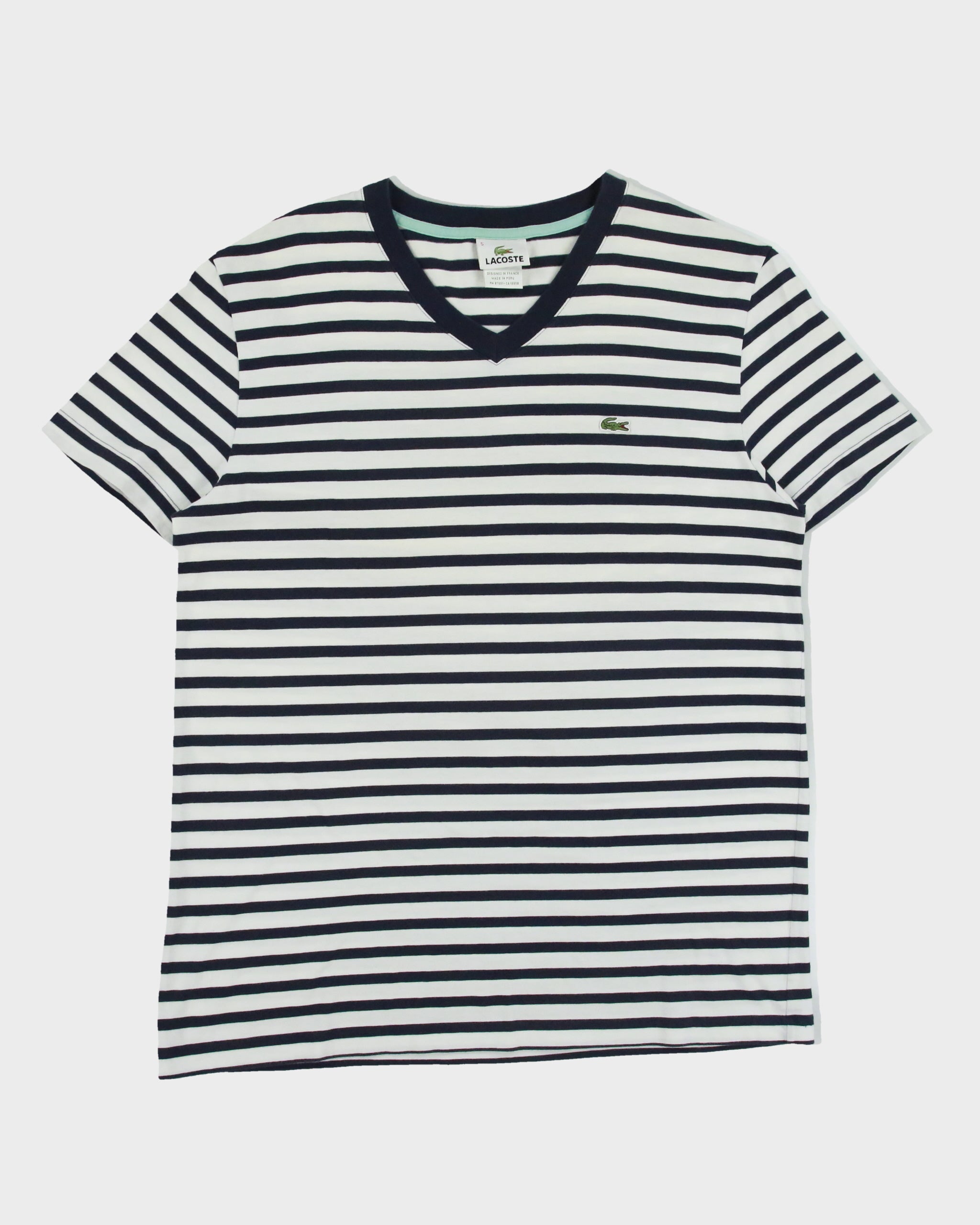 Vintage Y2K 00s Lacoste Striped Croc Pique V-Neck T-Shirt - L
