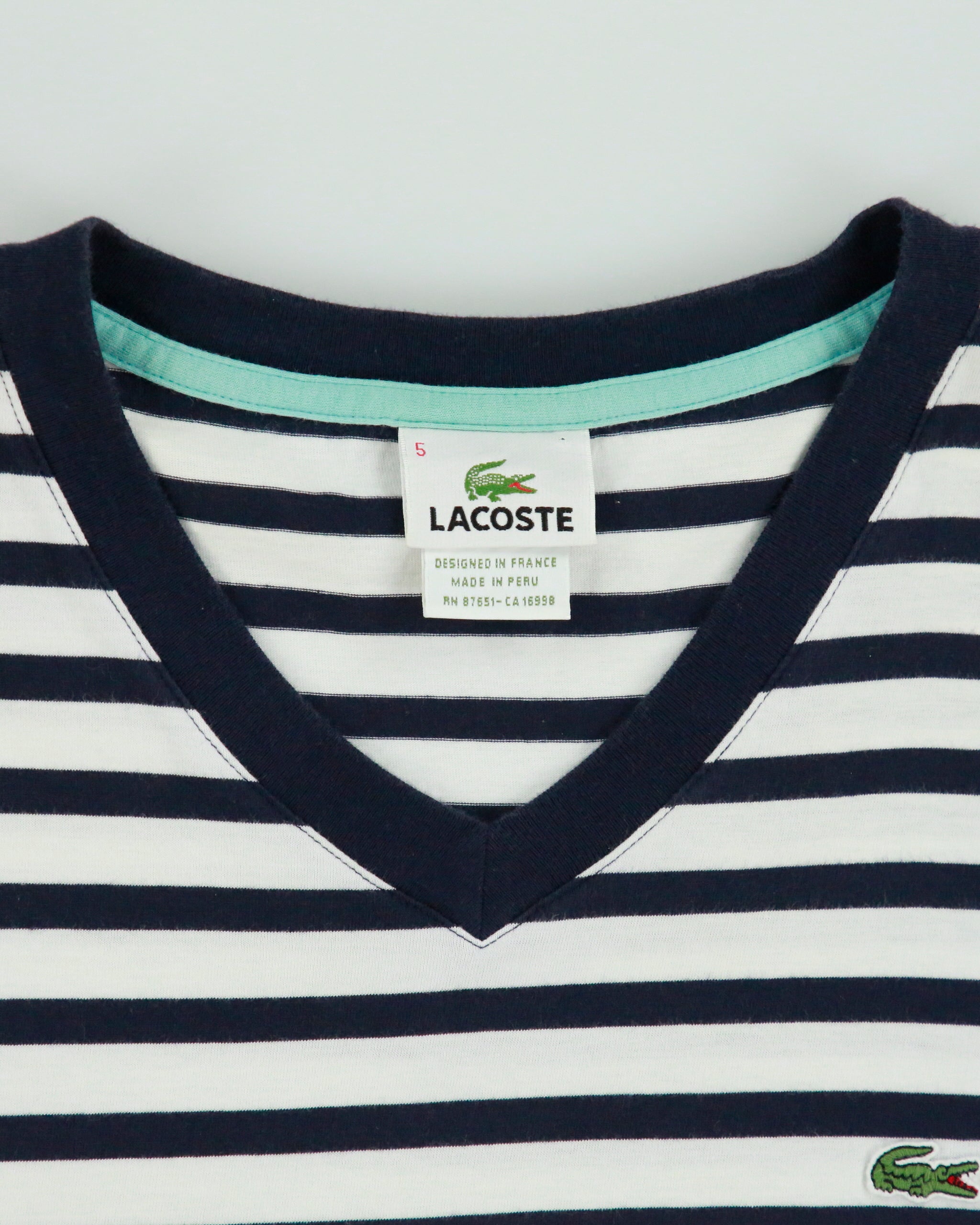 Vintage Y2K 00s Lacoste Striped Croc Pique V-Neck T-Shirt - L