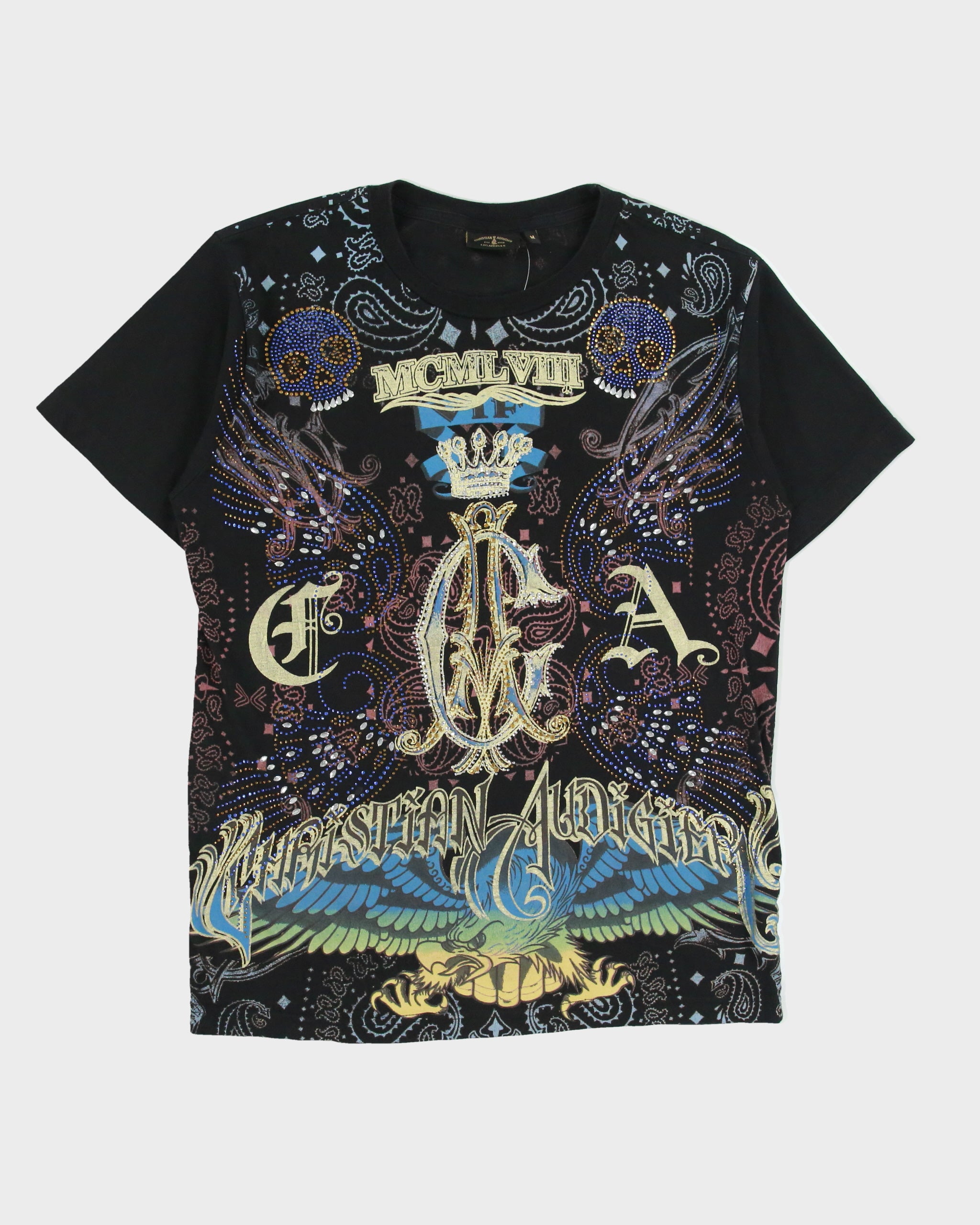 Vintage Christian Audigier Rhinestone Embellished MCMLVIII AOP Made In USA Crewneck T-Shirt - M