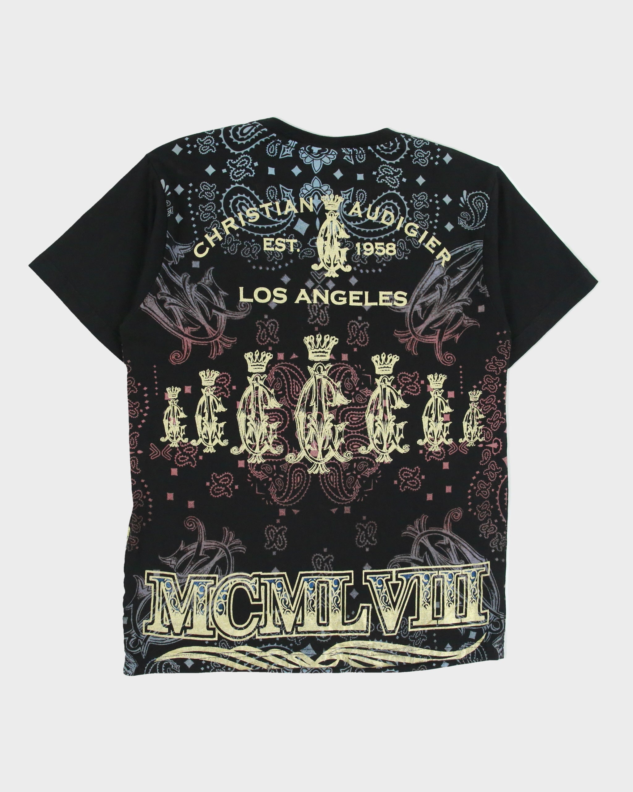 Vintage Christian Audigier Rhinestone Embellished MCMLVIII AOP Made In USA Crewneck T-Shirt - M