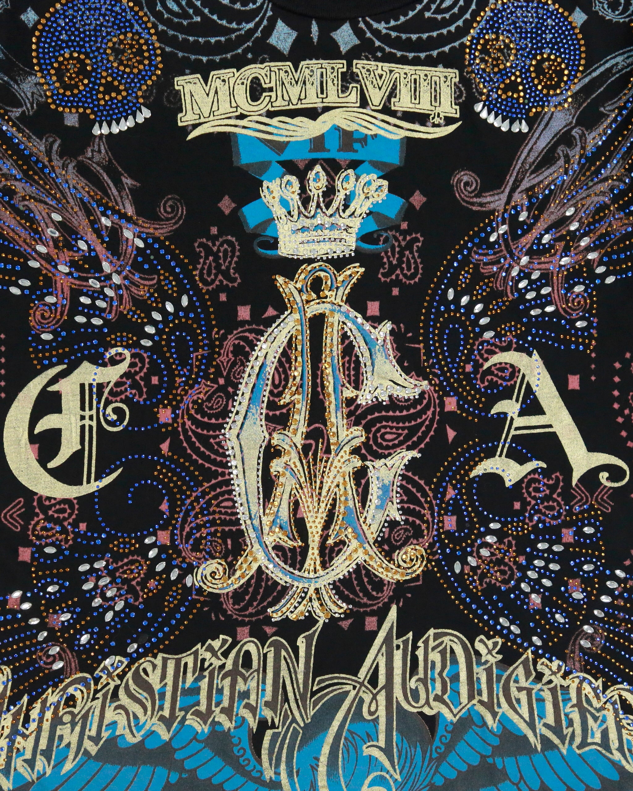 Vintage Christian Audigier Rhinestone Embellished MCMLVIII AOP Made In USA Crewneck T-Shirt - M