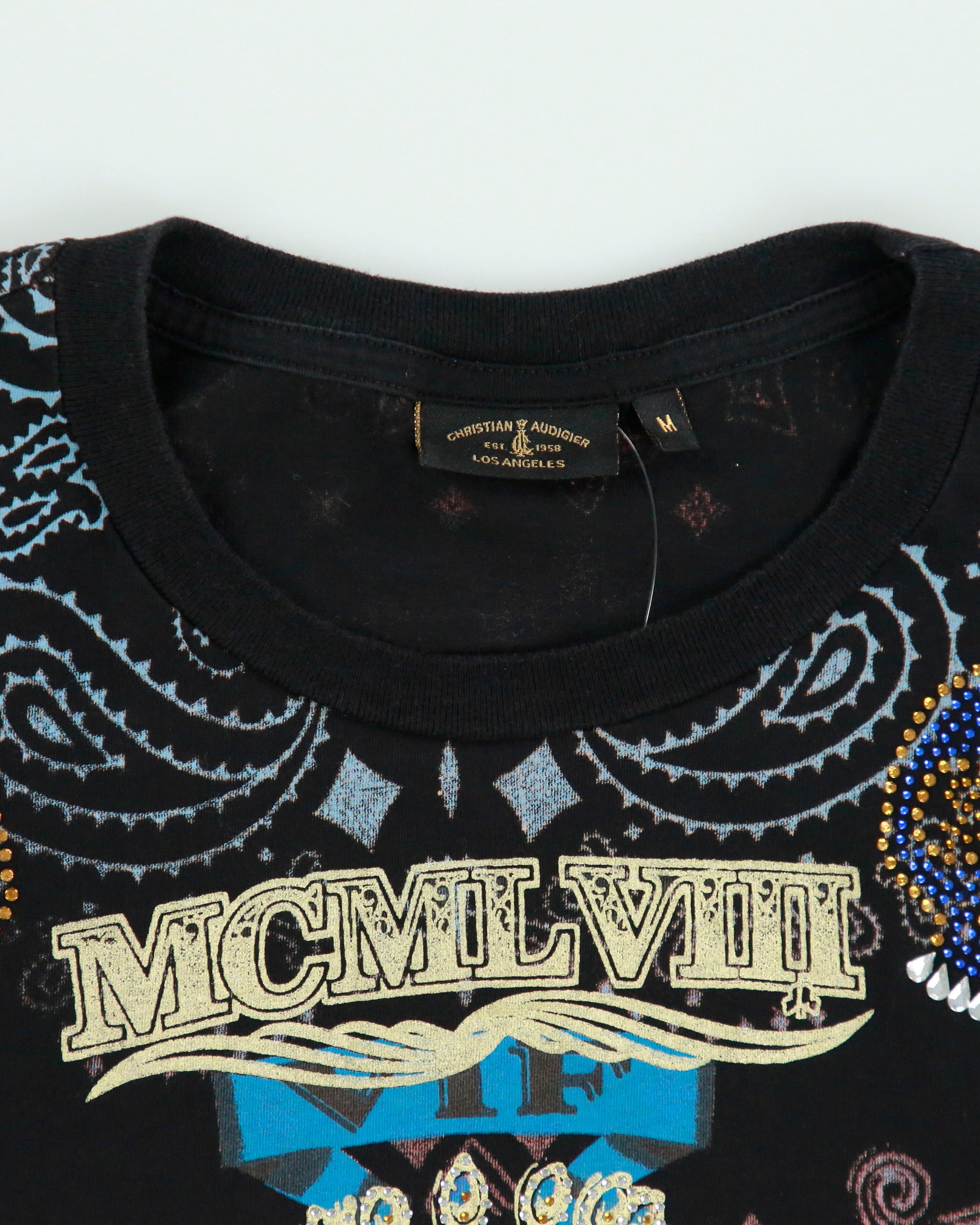 Vintage Christian Audigier Rhinestone Embellished MCMLVIII AOP Made In USA Crewneck T-Shirt - M