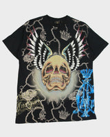 Vintage Christian Audigier Rhinestone Embellished Skull Wings AOP Made In USA Crewneck T-Shirt - XL