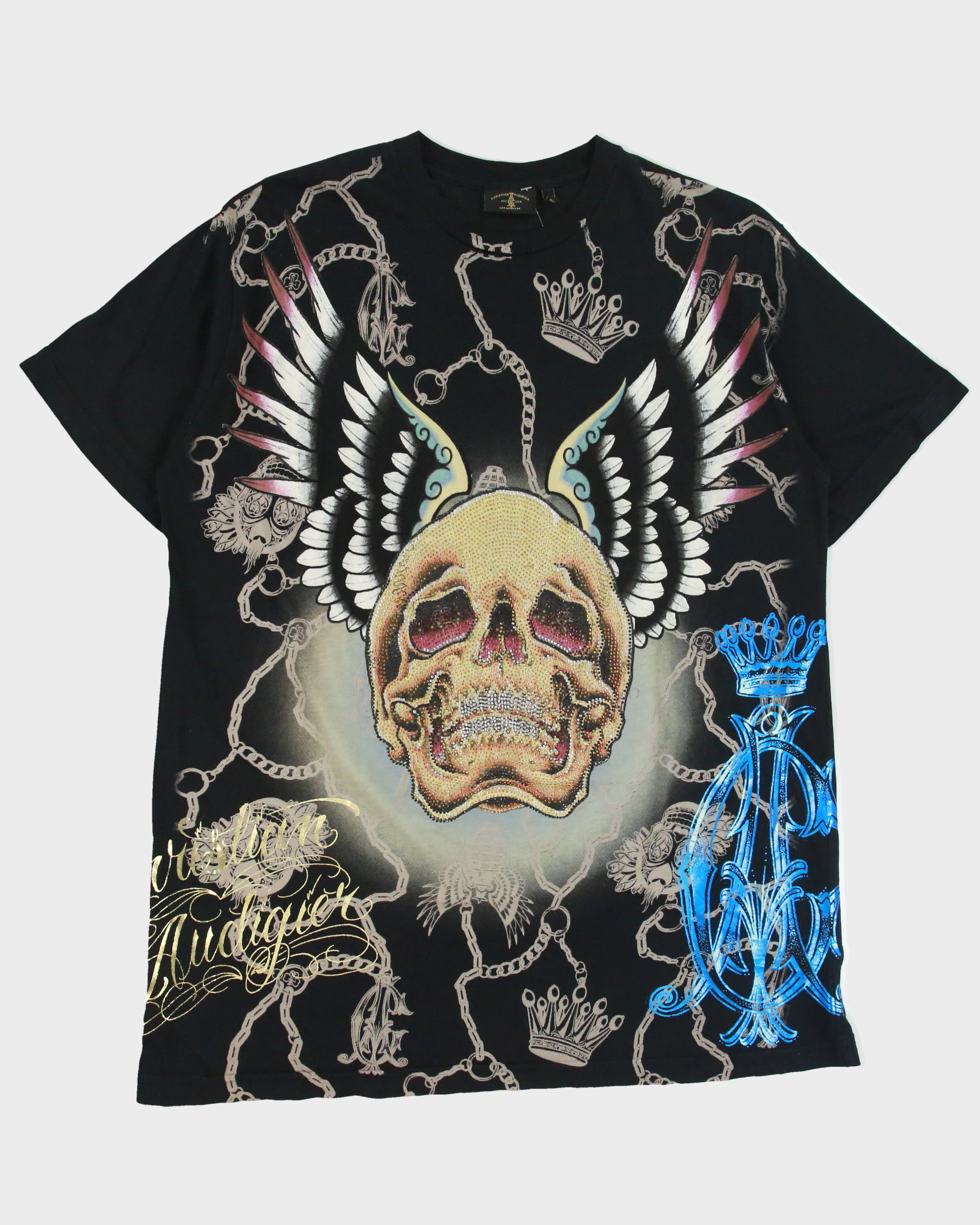 Vintage Christian Audigier Rhinestone Embellished Skull Wings AOP Made In USA Crewneck T-Shirt - XL
