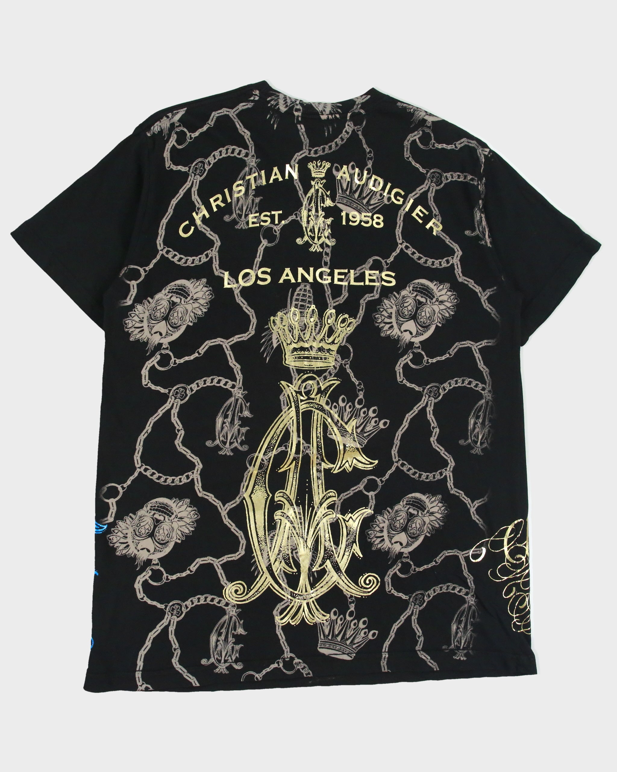 Vintage Christian Audigier Rhinestone Embellished Skull Wings AOP Made In USA Crewneck T-Shirt - XL