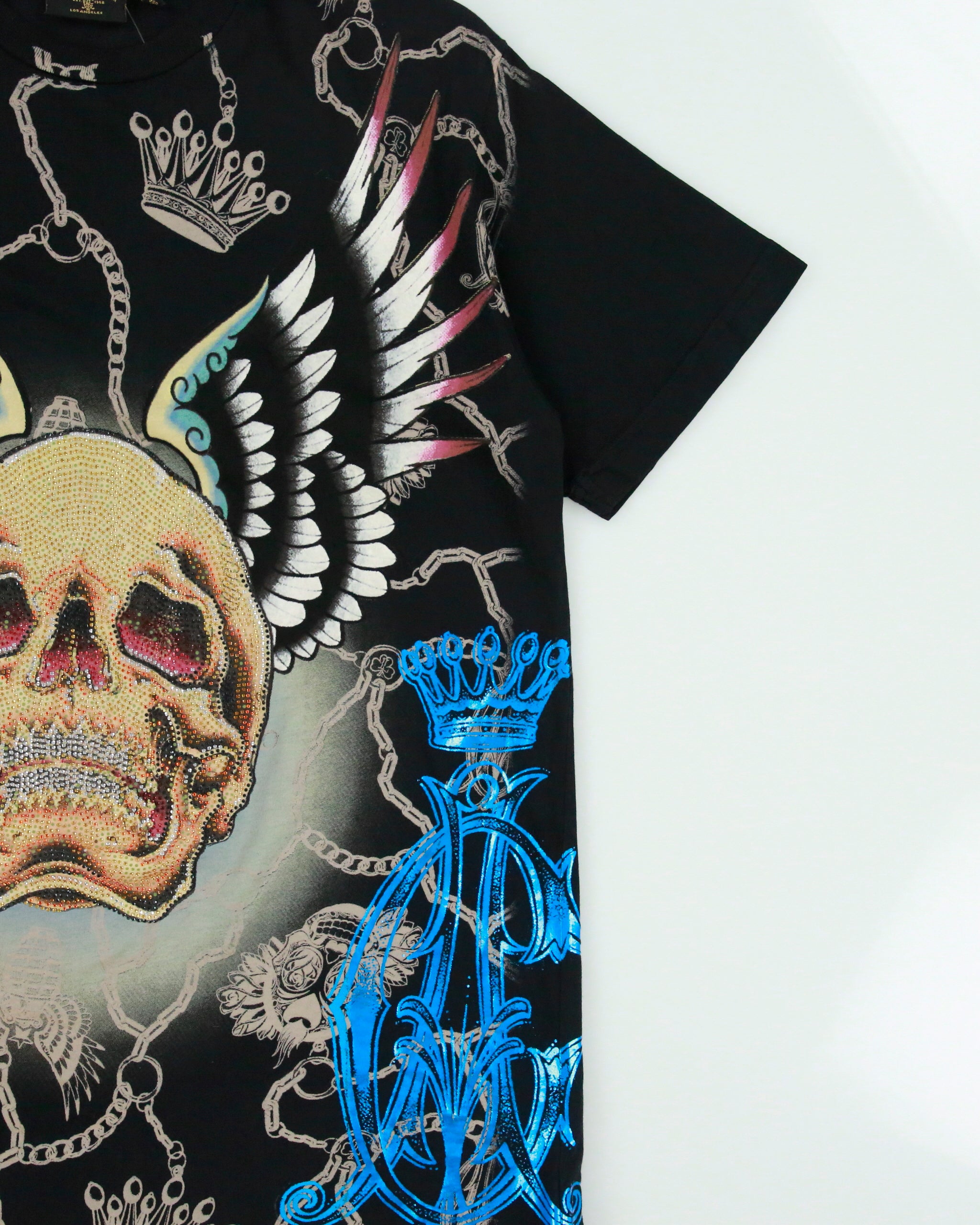Vintage Christian Audigier Rhinestone Embellished Skull Wings AOP Made In USA Crewneck T-Shirt - XL