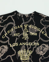 Vintage Christian Audigier Rhinestone Embellished Skull Wings AOP Made In USA Crewneck T-Shirt - XL