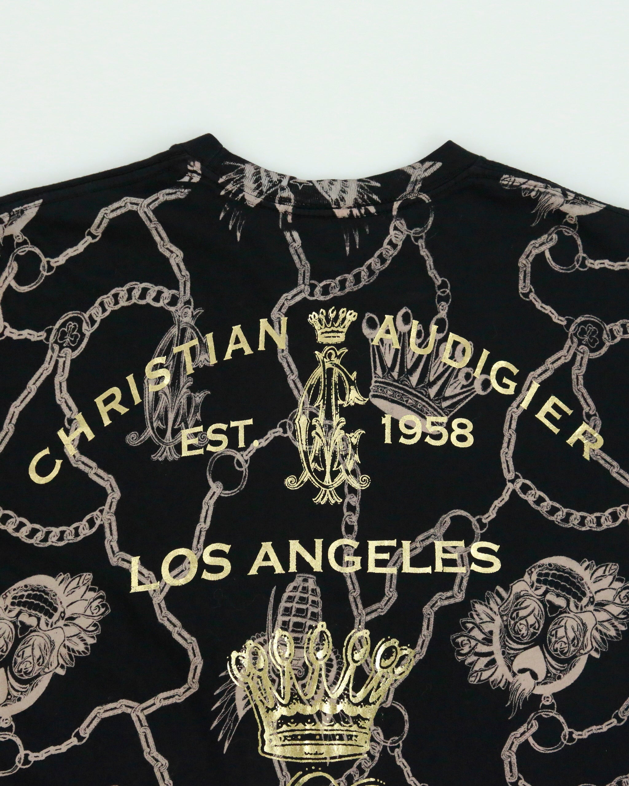 Vintage Christian Audigier Rhinestone Embellished Skull Wings AOP Made In USA Crewneck T-Shirt - XL