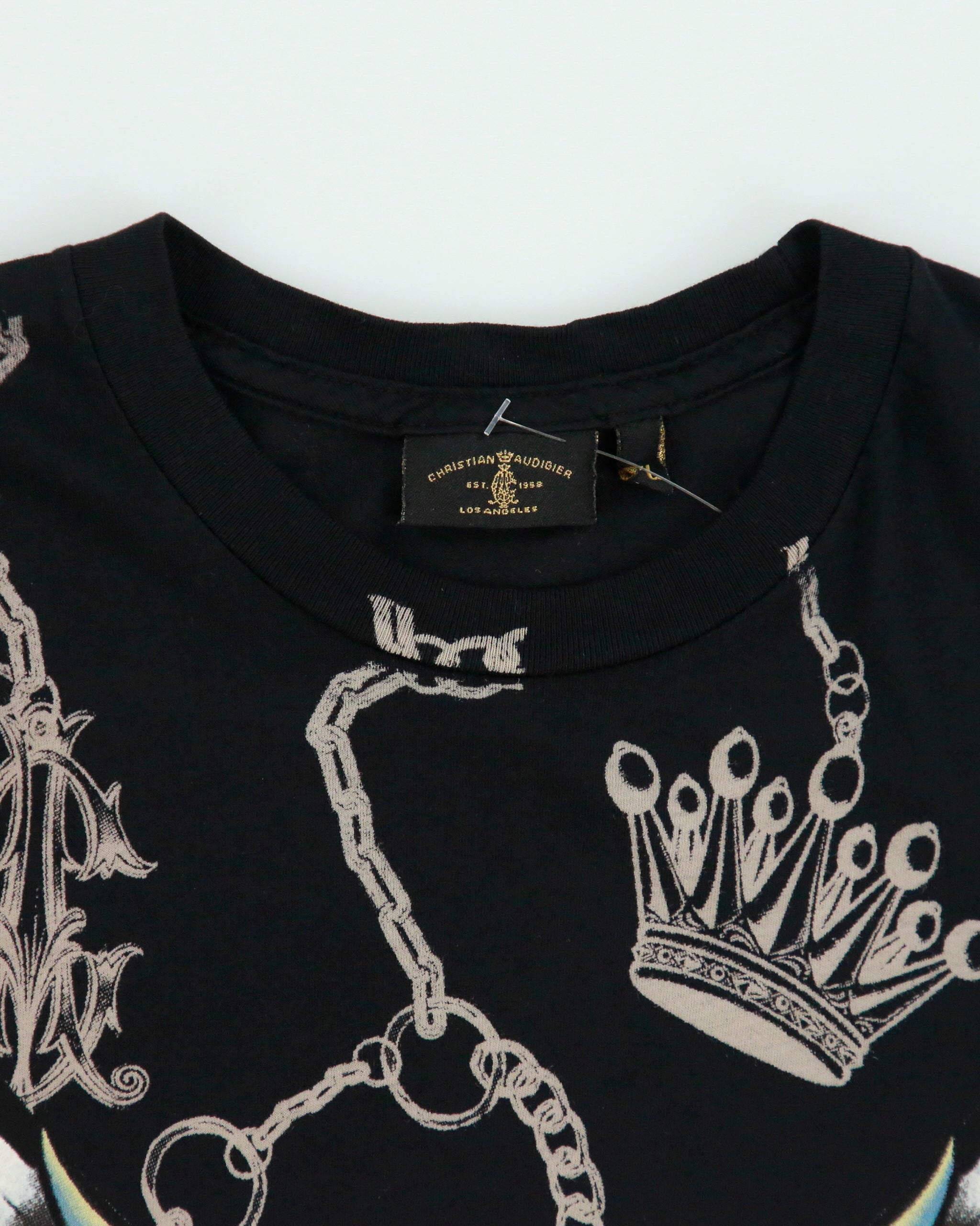 Vintage Christian Audigier Rhinestone Embellished Skull Wings AOP Made In USA Crewneck T-Shirt - XL