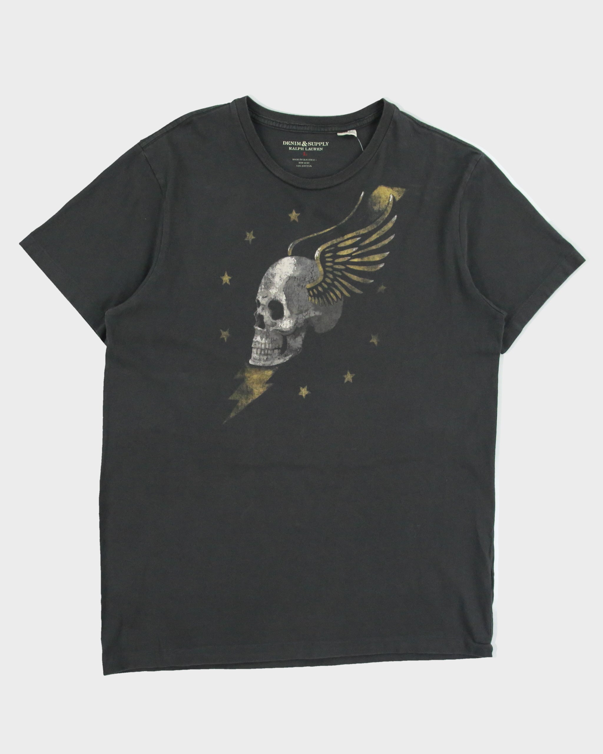 Vintage Ralph Lauren Denim &amp; Supply Khaki Grey Heavyweight Skull Wings Crewneck T-Shirt - L