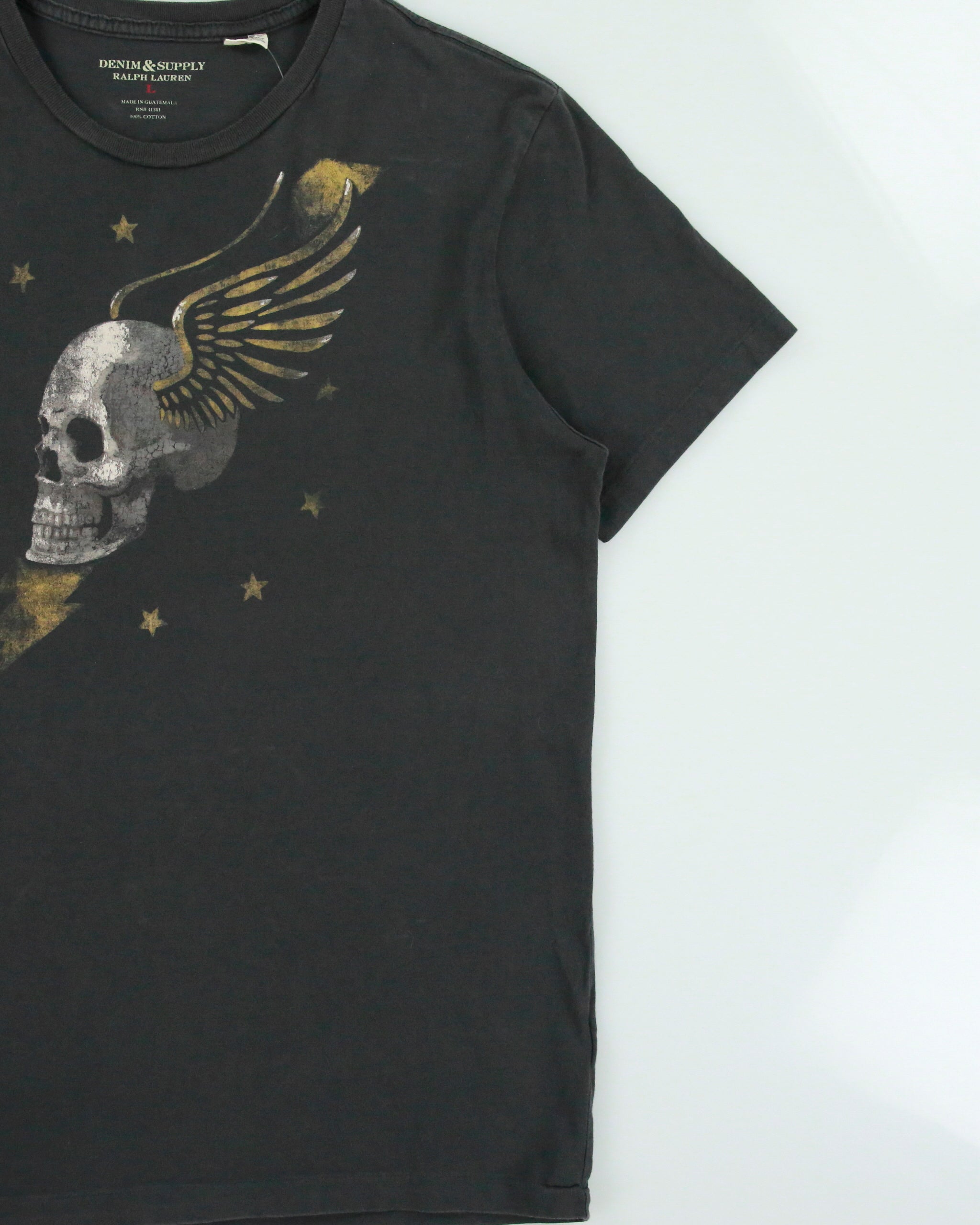 Vintage Ralph Lauren Denim &amp; Supply Khaki Grey Heavyweight Skull Wings Crewneck T-Shirt - L