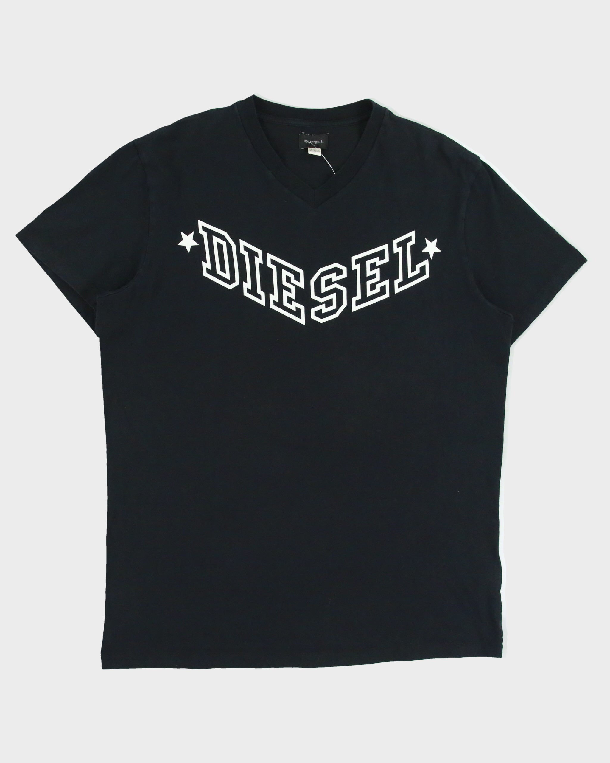 Vintage Diesel Star Spell Out Fitted V-Neck Logo T-Shirt - XL