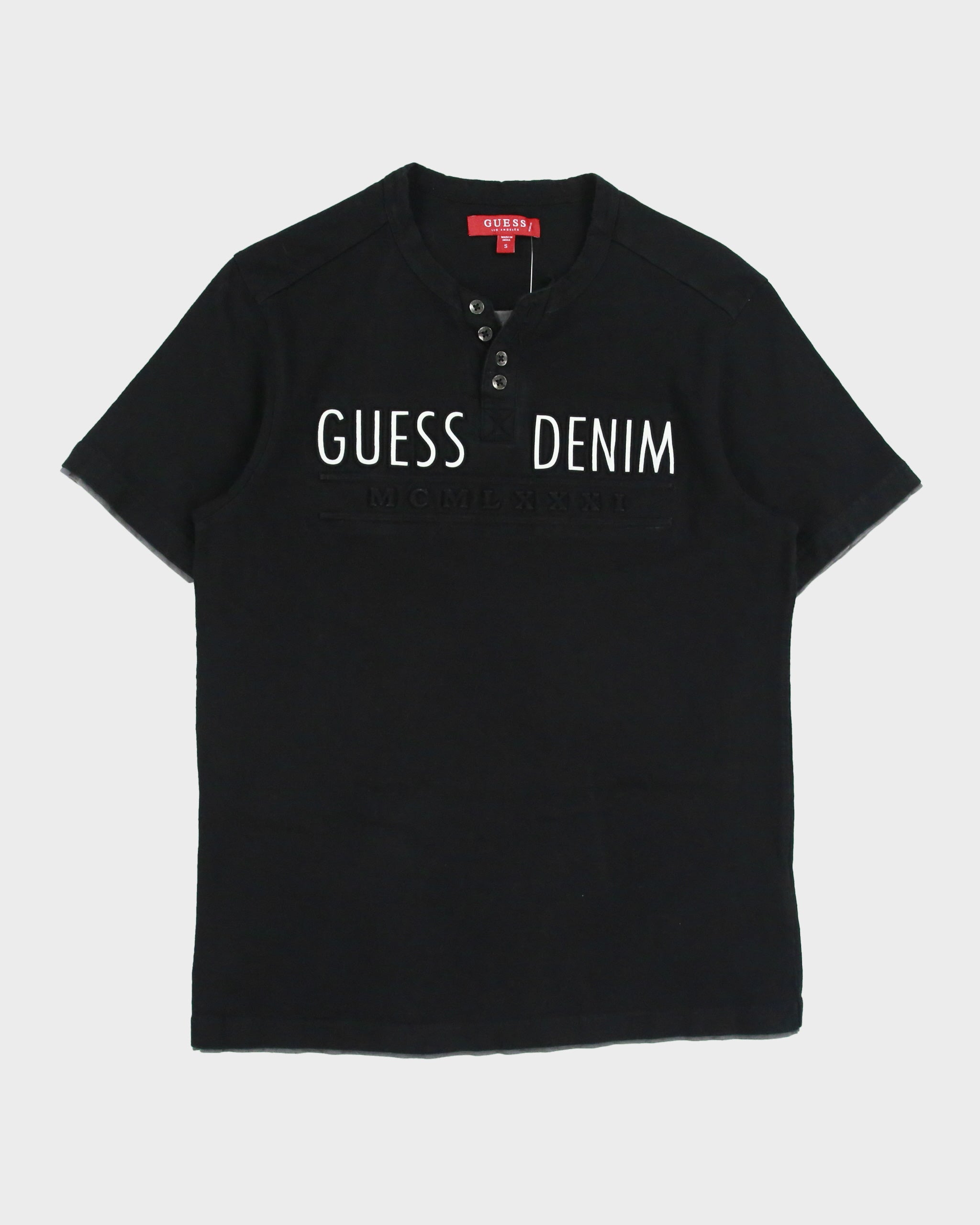 Vintage Y2K 00s Guess Denim Heavyweight Puff Print Layered Henley T-Shirt - S